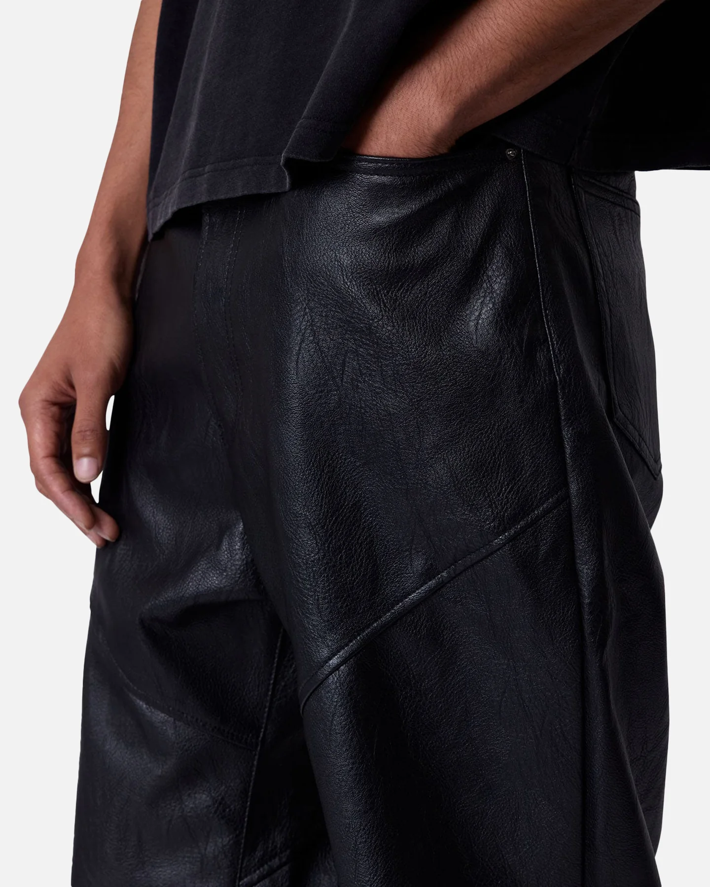 MNML Ultra Baggy Panelled Vegan Leather Pants Black - Image 6