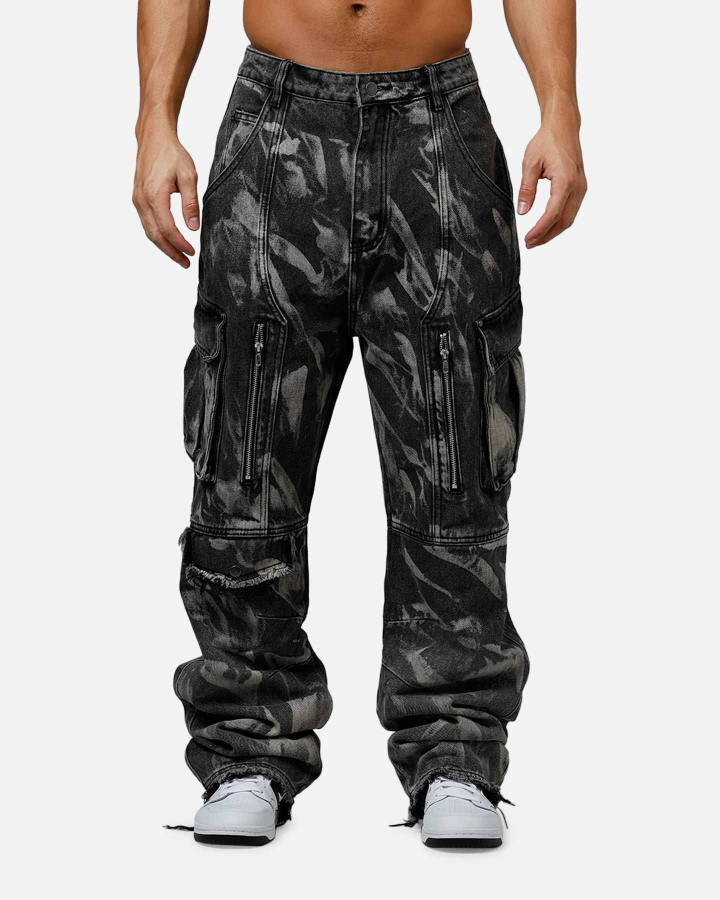 MNML Ultra Baggy Rip Denim Cargo Pant Black - Image 6