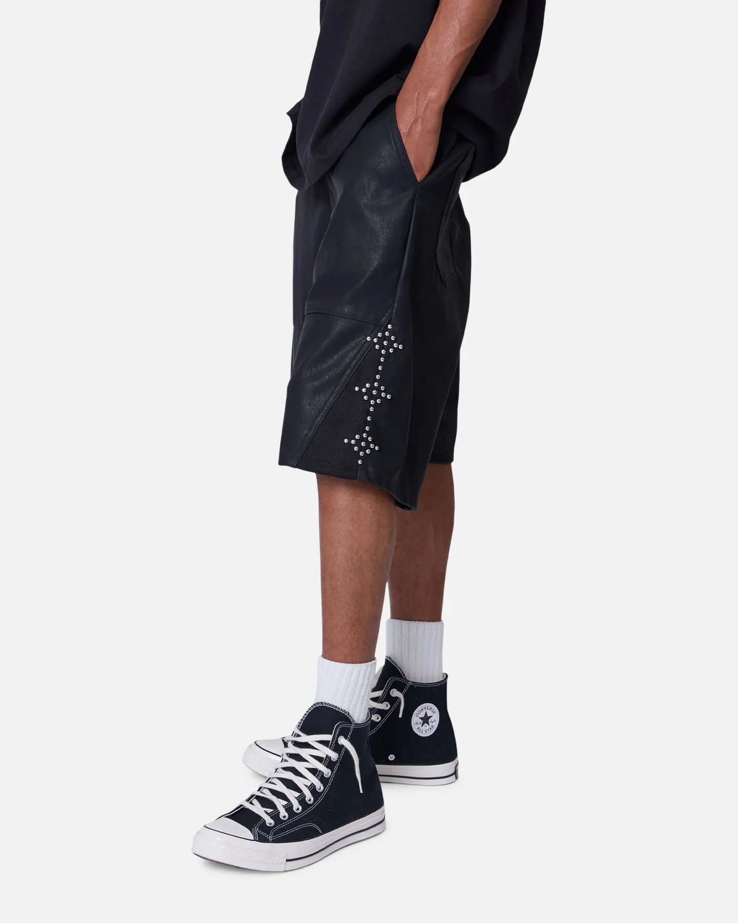 MNML Ultra Baggy Stud Leather Shorts Black - Image 5