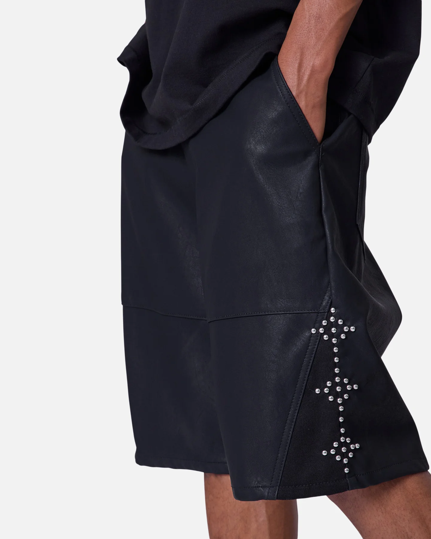 MNML Ultra Baggy Stud Leather Shorts Black - Image 6