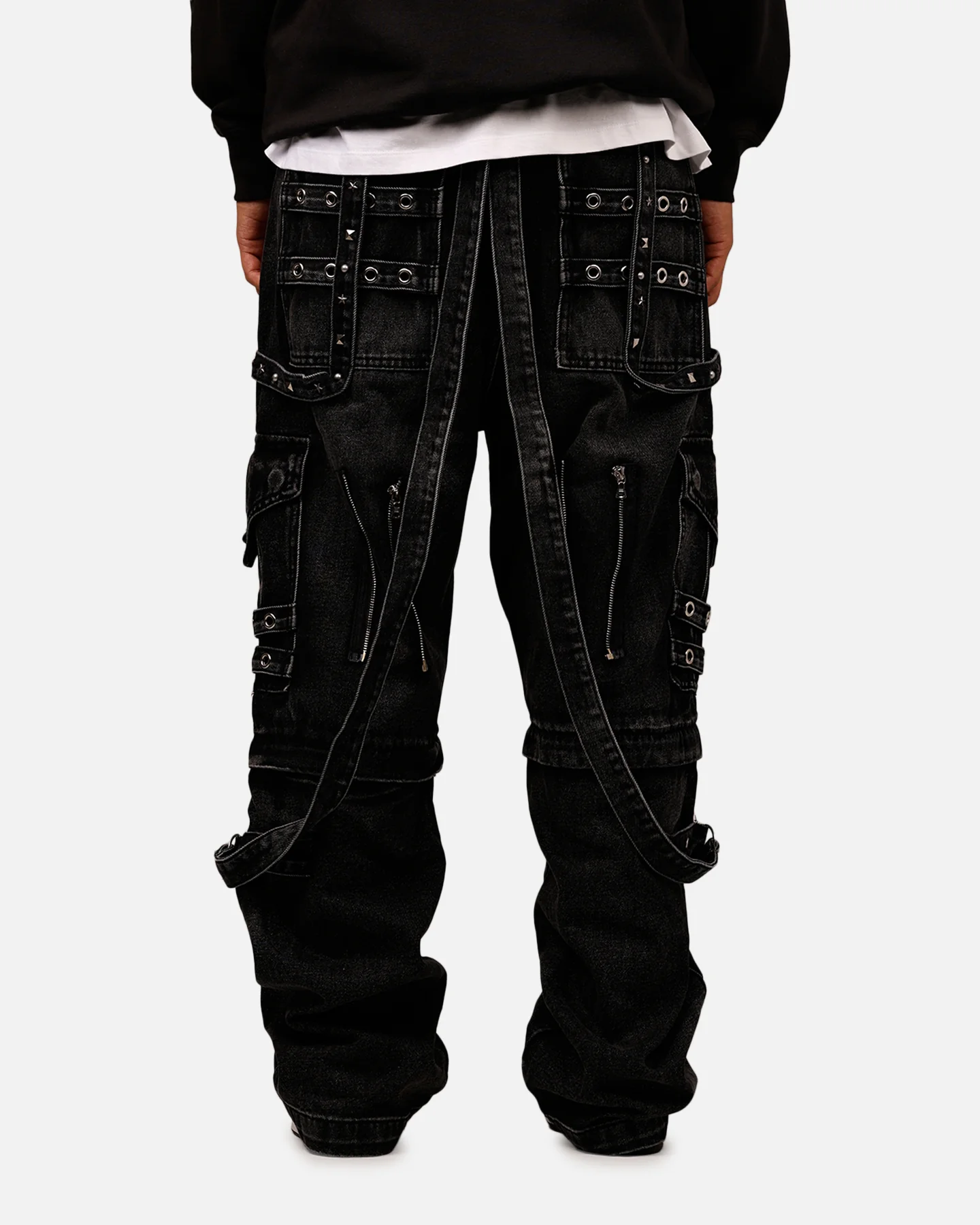 MNML Ultra Baggy Studd Cargo Denim Pants Black - Image 4