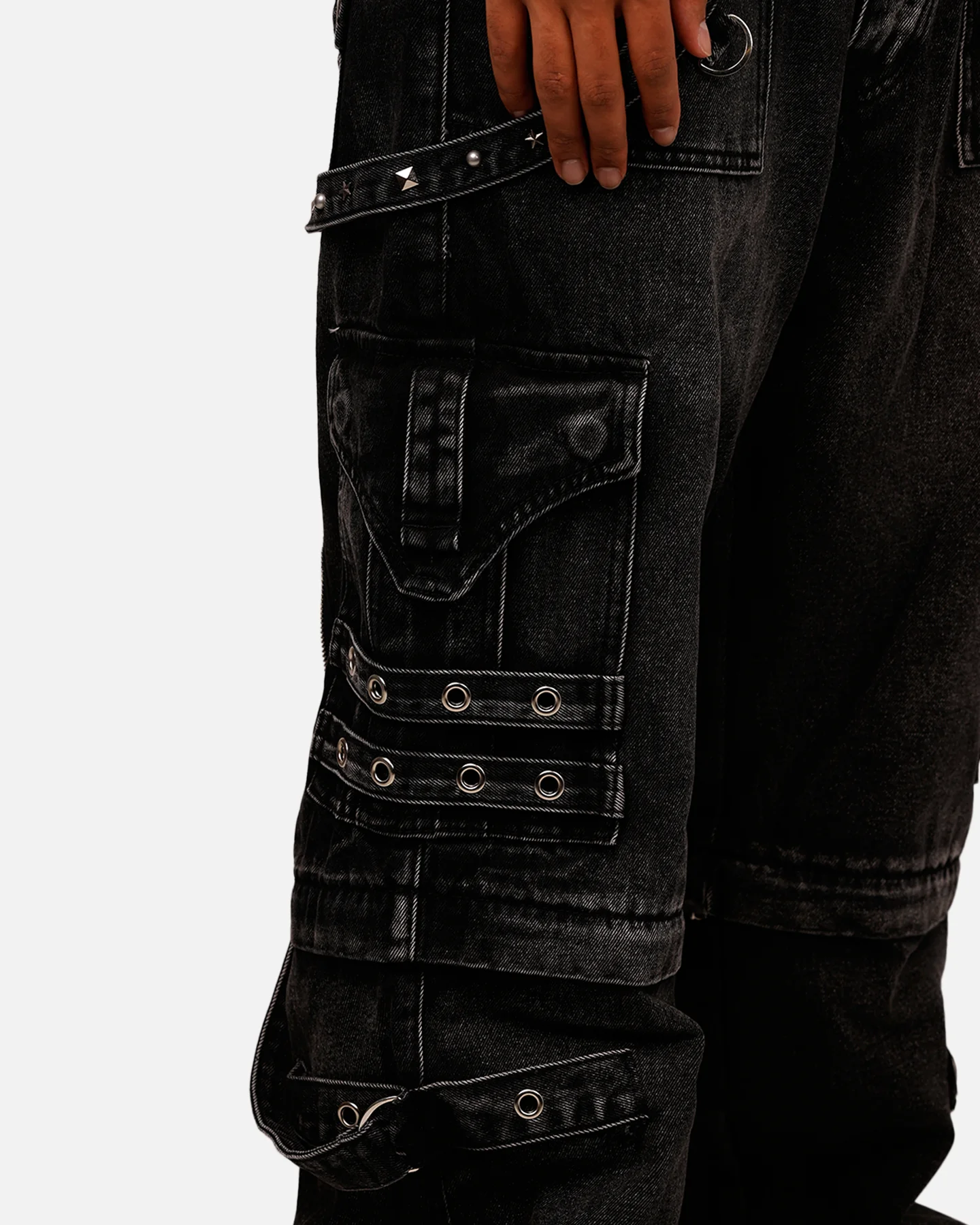 MNML Ultra Baggy Studd Cargo Denim Pants Black - Image 6