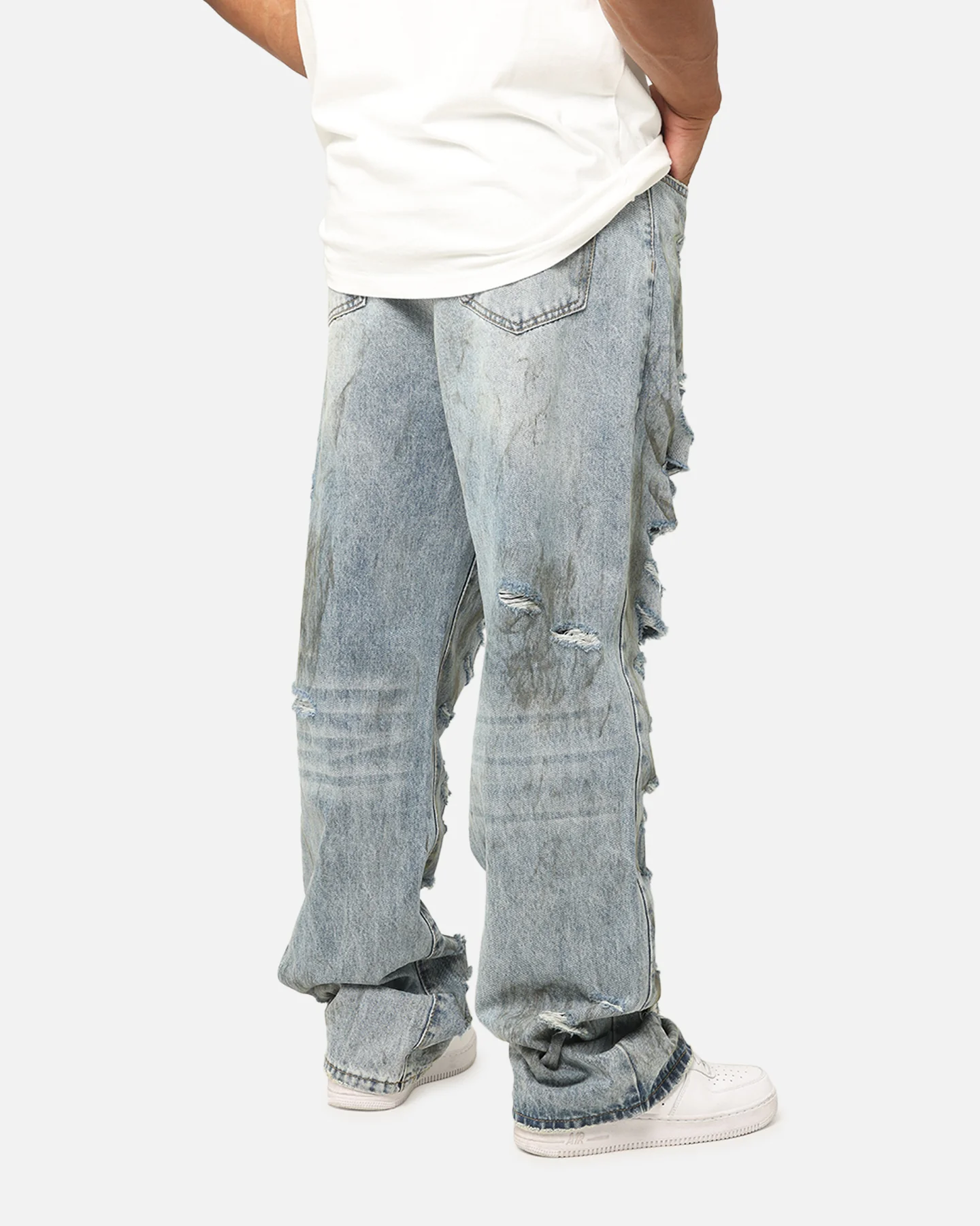 MNML Ultra Baggy Thrashed Denim Jeans Blue - Image 5