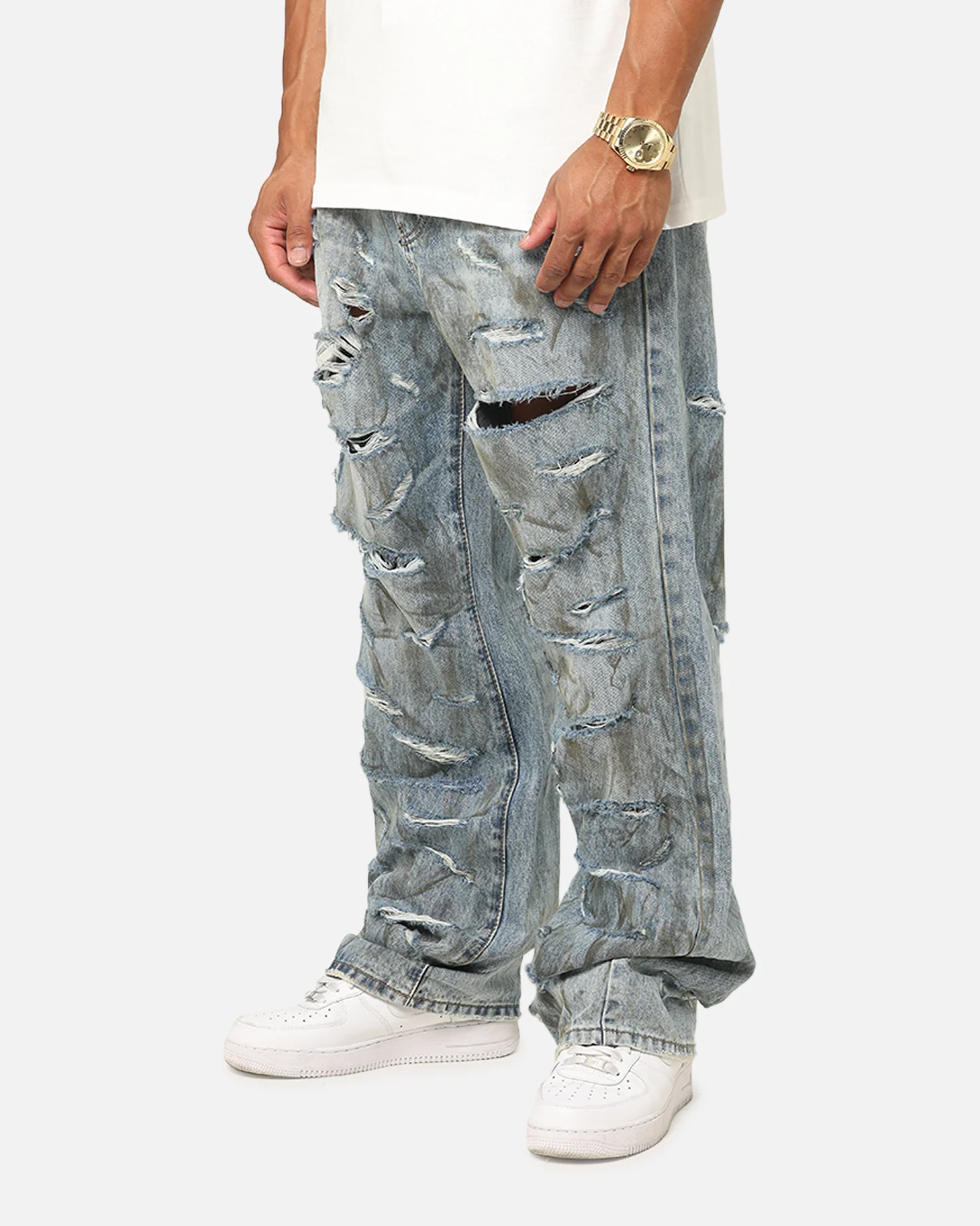 MNML Ultra Baggy Thrashed Denim Jeans Blue - Image 6