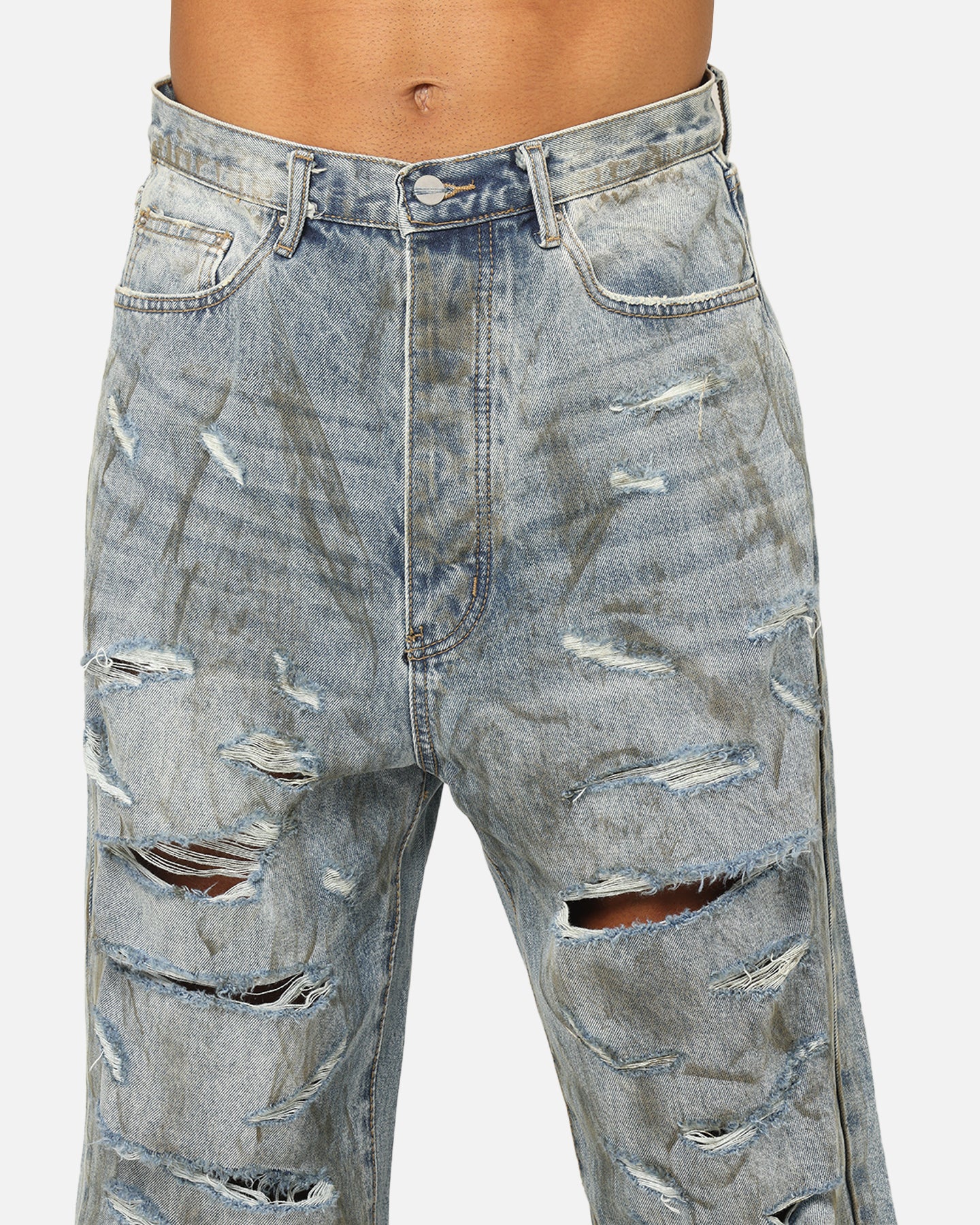 MNML Ultra Baggy Thrashed Denim Jeans Blue - Image 7