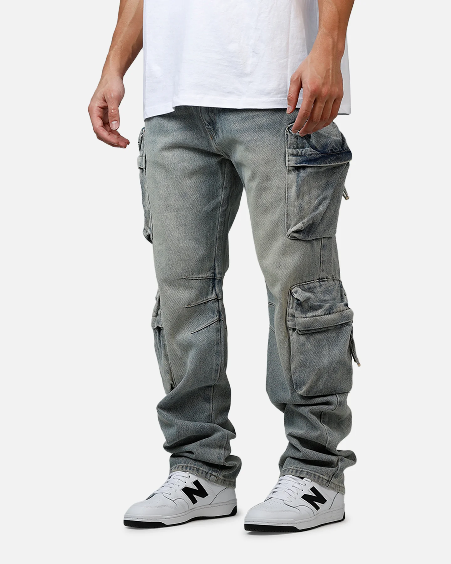 MNML V709 Wide Bellow Cargo Denim Pants Blue - Image 4
