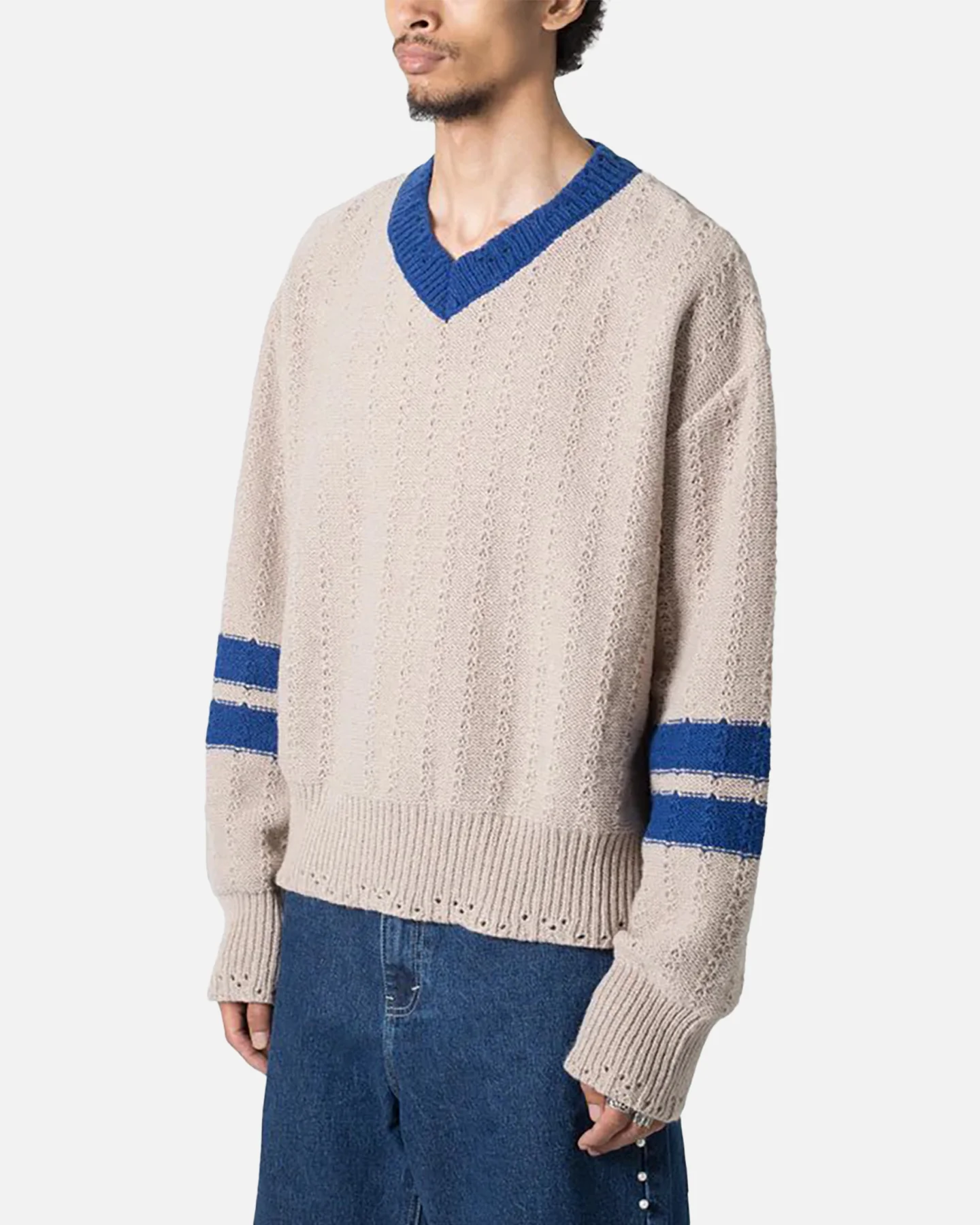 MNML Varsity V Neck Sweater Off White/Blue - Image 2