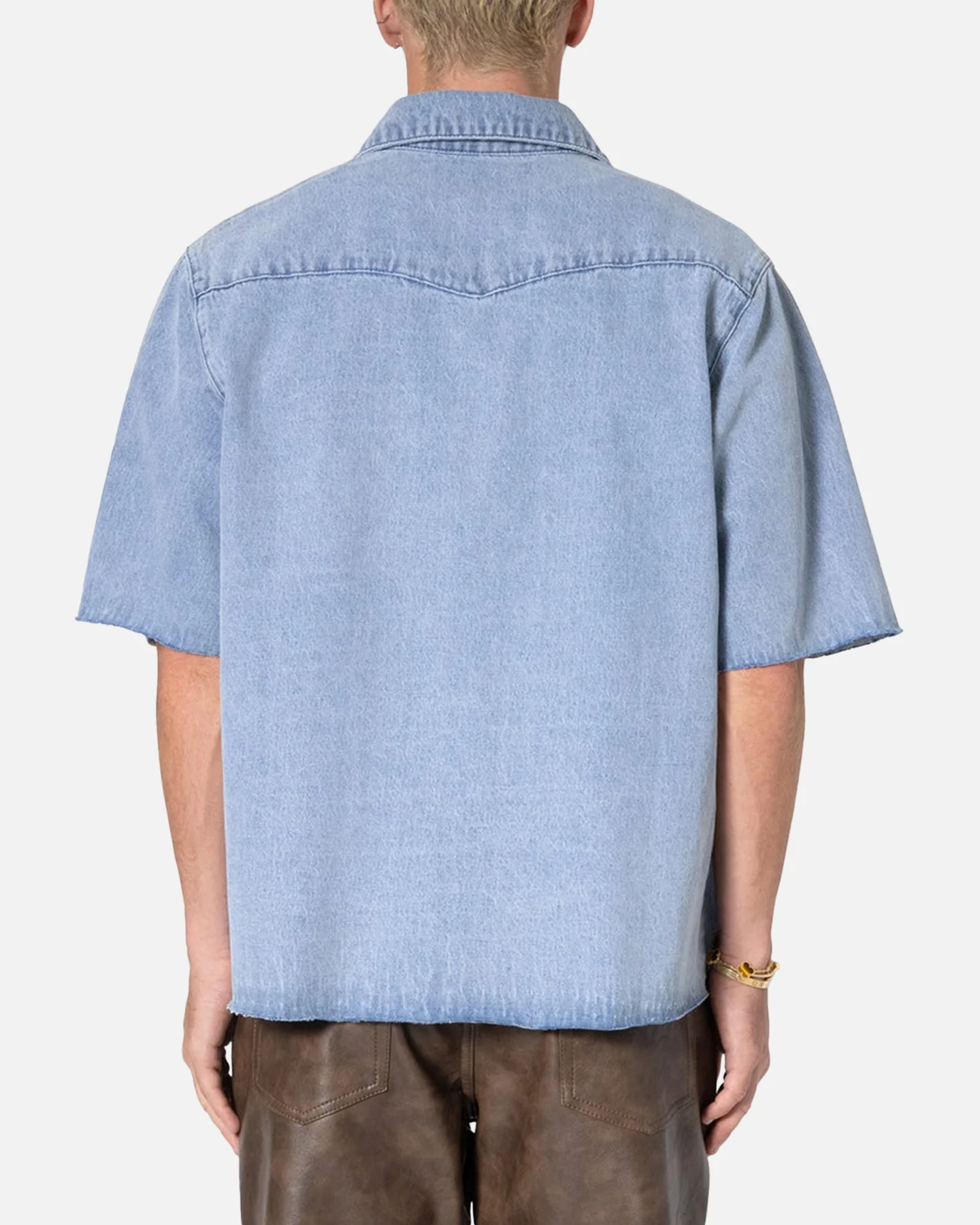 MNML Washed Denim Button Up Shirt Blue - Image 4