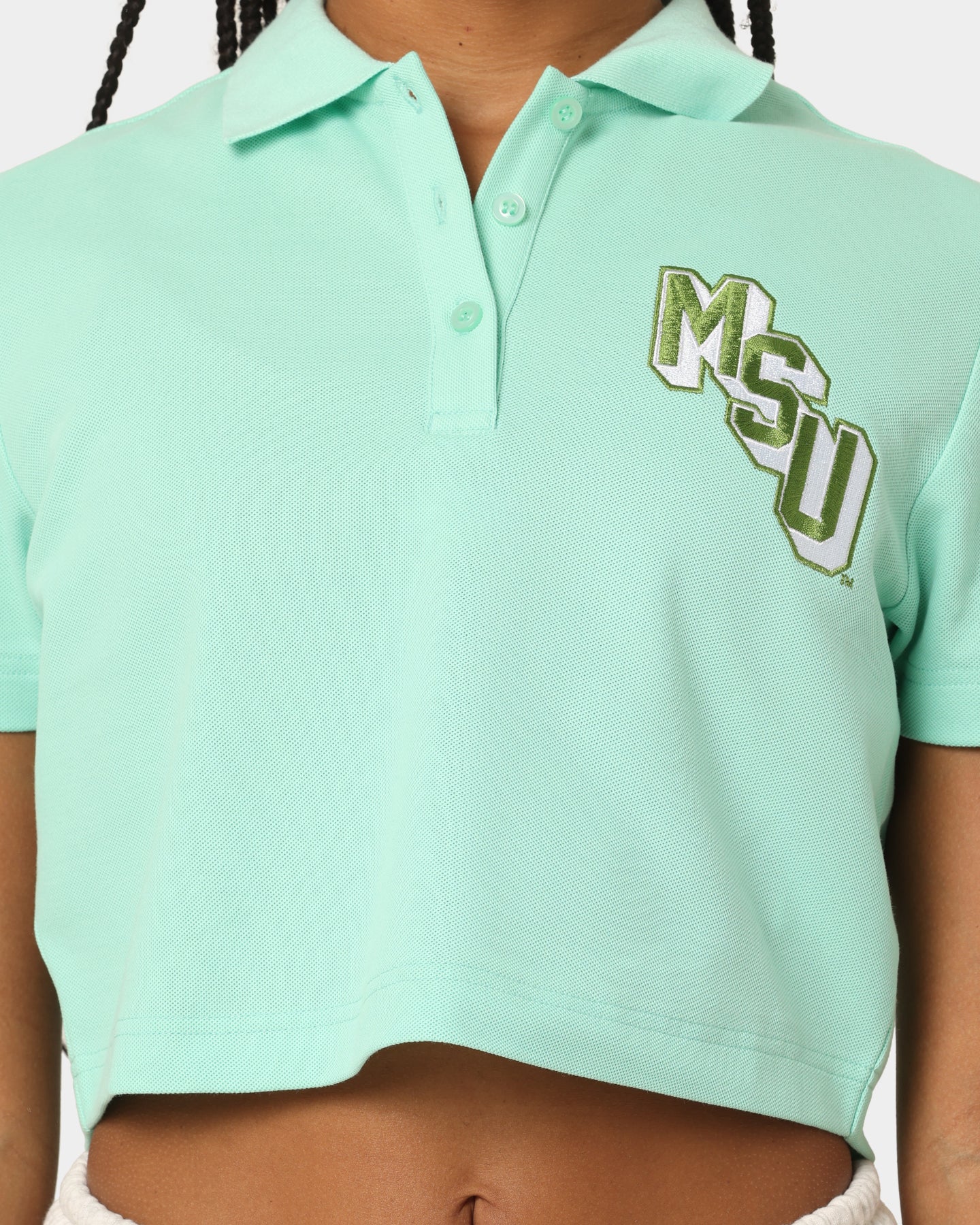 National Collegiate Athletic Association Michigan State University Spartans Women's W Letter Patch Crop Polo Lichen - Image 3