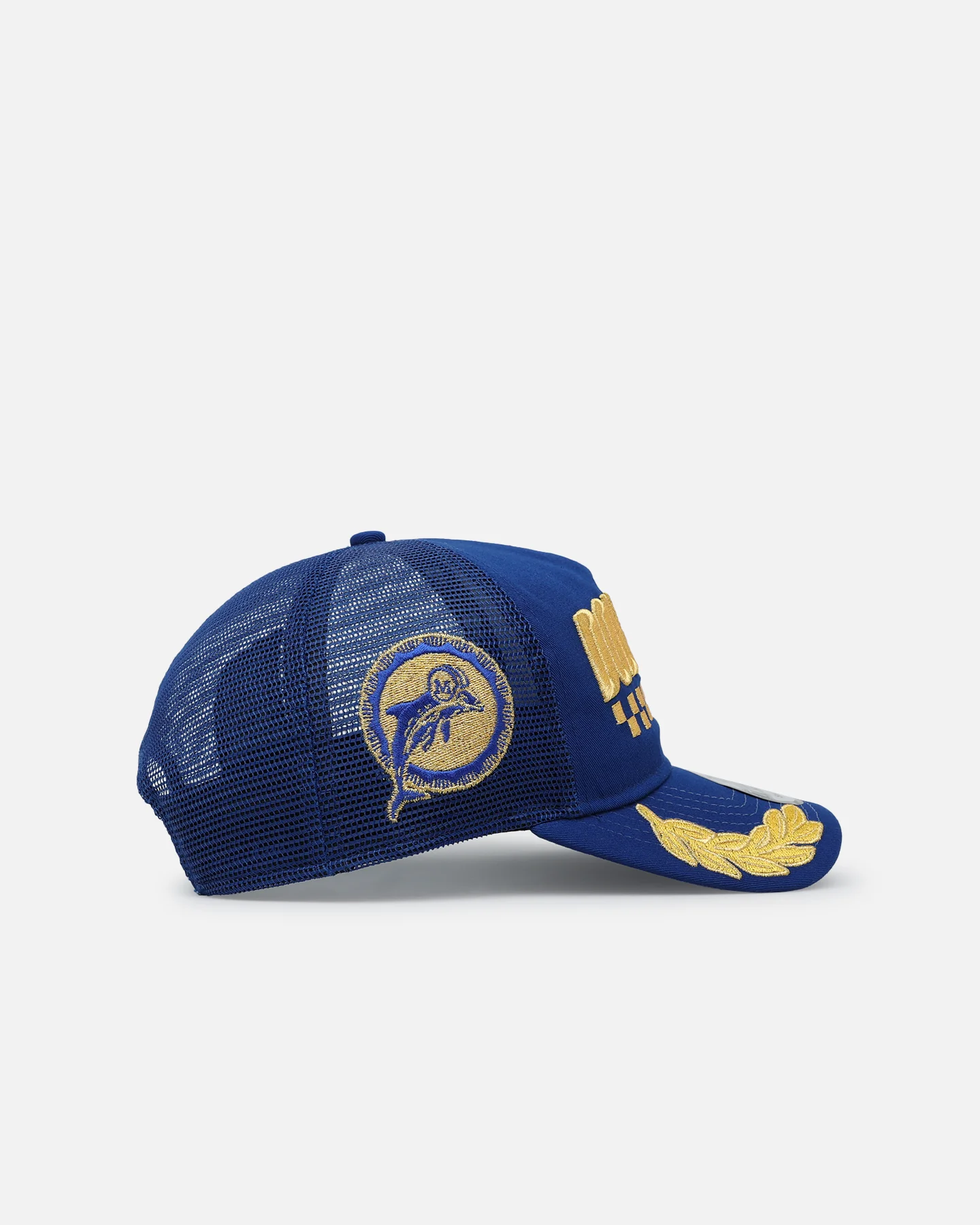 New Era Miami Dolphins 'Podium Pack' Pre-Curved Golfer Trucker Snapback Light Royal/Metallic - Image 4
