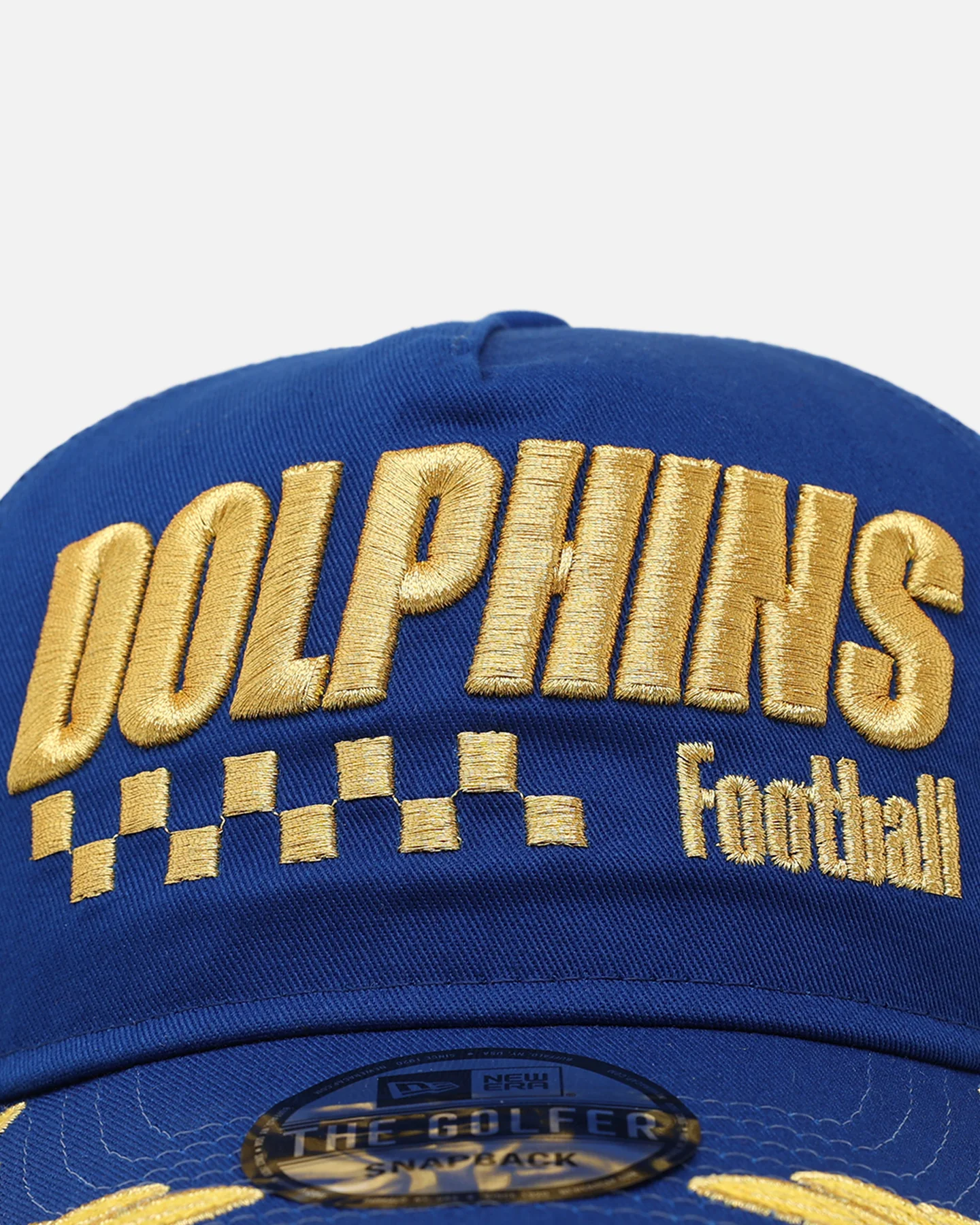 New Era Miami Dolphins 'Podium Pack' Pre-Curved Golfer Trucker Snapback Light Royal/Metallic - Image 6