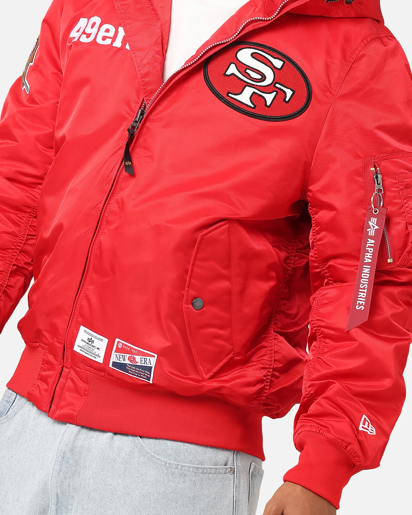 New Era San Francisco 49ers Alpha Industries L-2B Hooded Bomber Jacket Red - Image 6