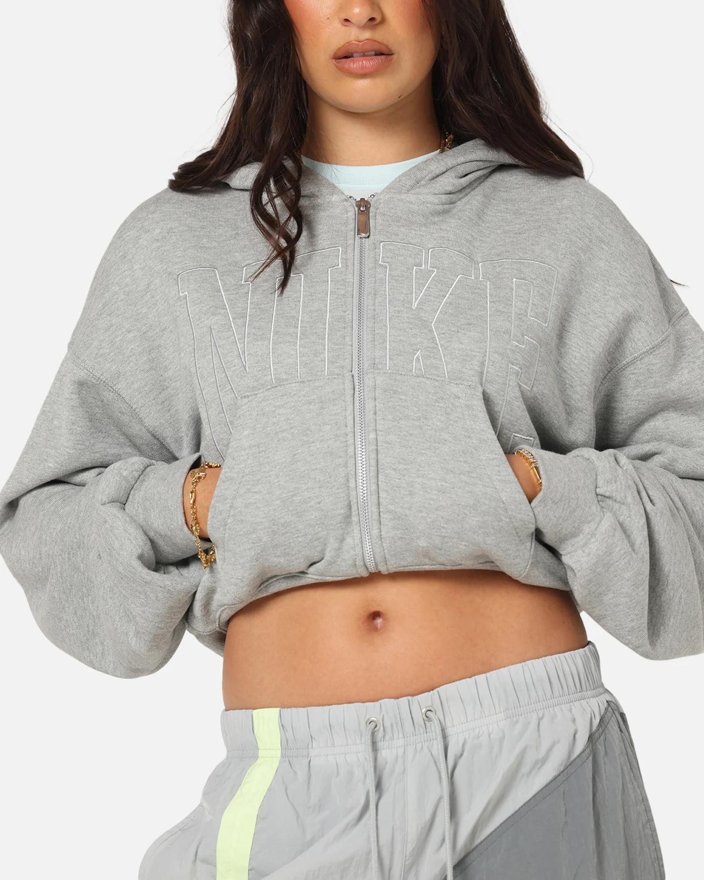 Nike Women's Sportswear Full-Zip Cropped French Terry Hoodie Grey - Image 6