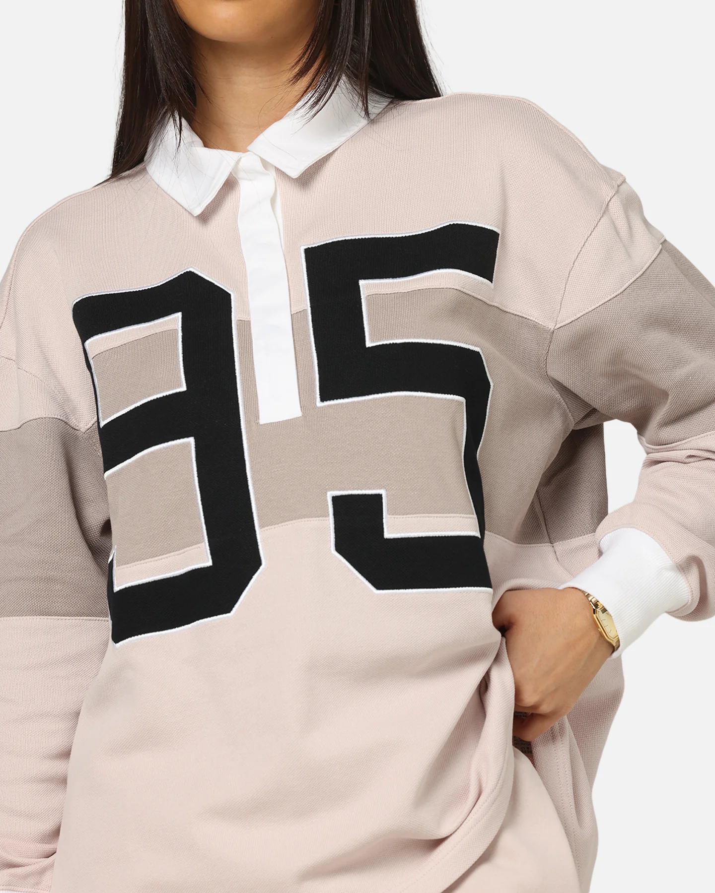 Nike Women's Sportswear Graphic Long Sleeve Polo Top Pink/White - Image 6