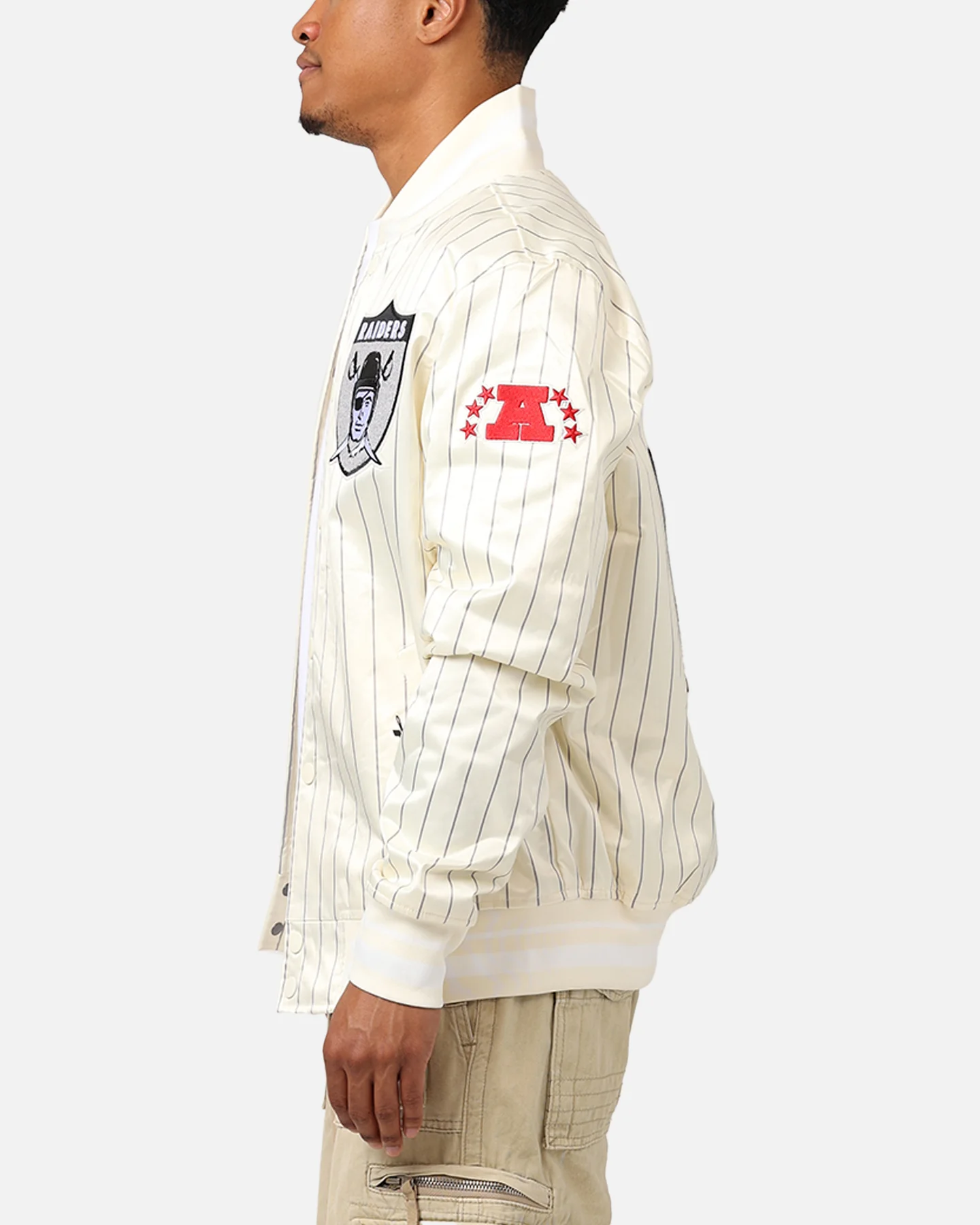 Pro Standard Las Vegas Raiders Pinstripe Satin Jacket Eggshell/Yellow - Image 5