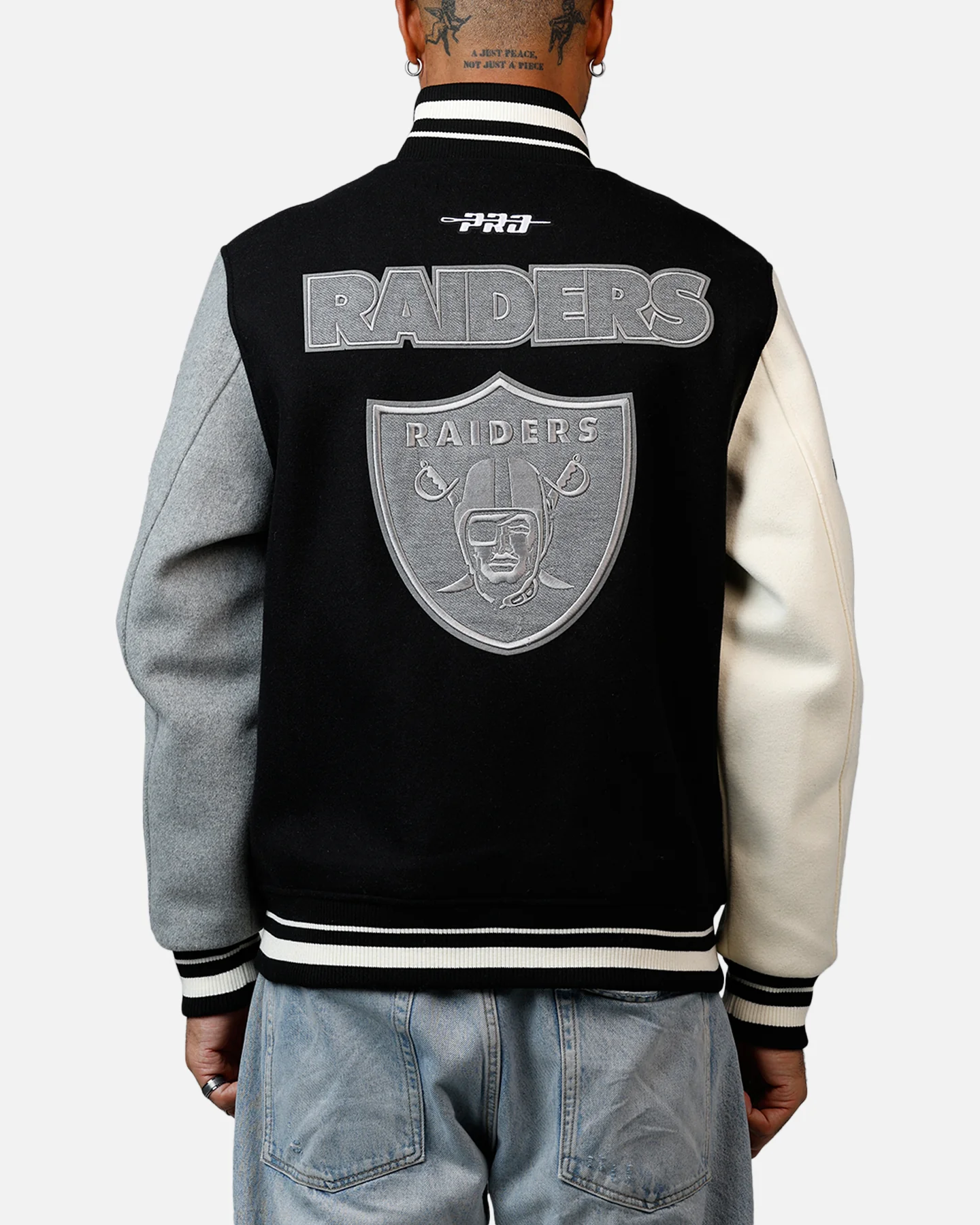 Pro Standard Las Vegas Raiders Reverse French Terry Wool Varsity Jacket Black/Grey - Image 2