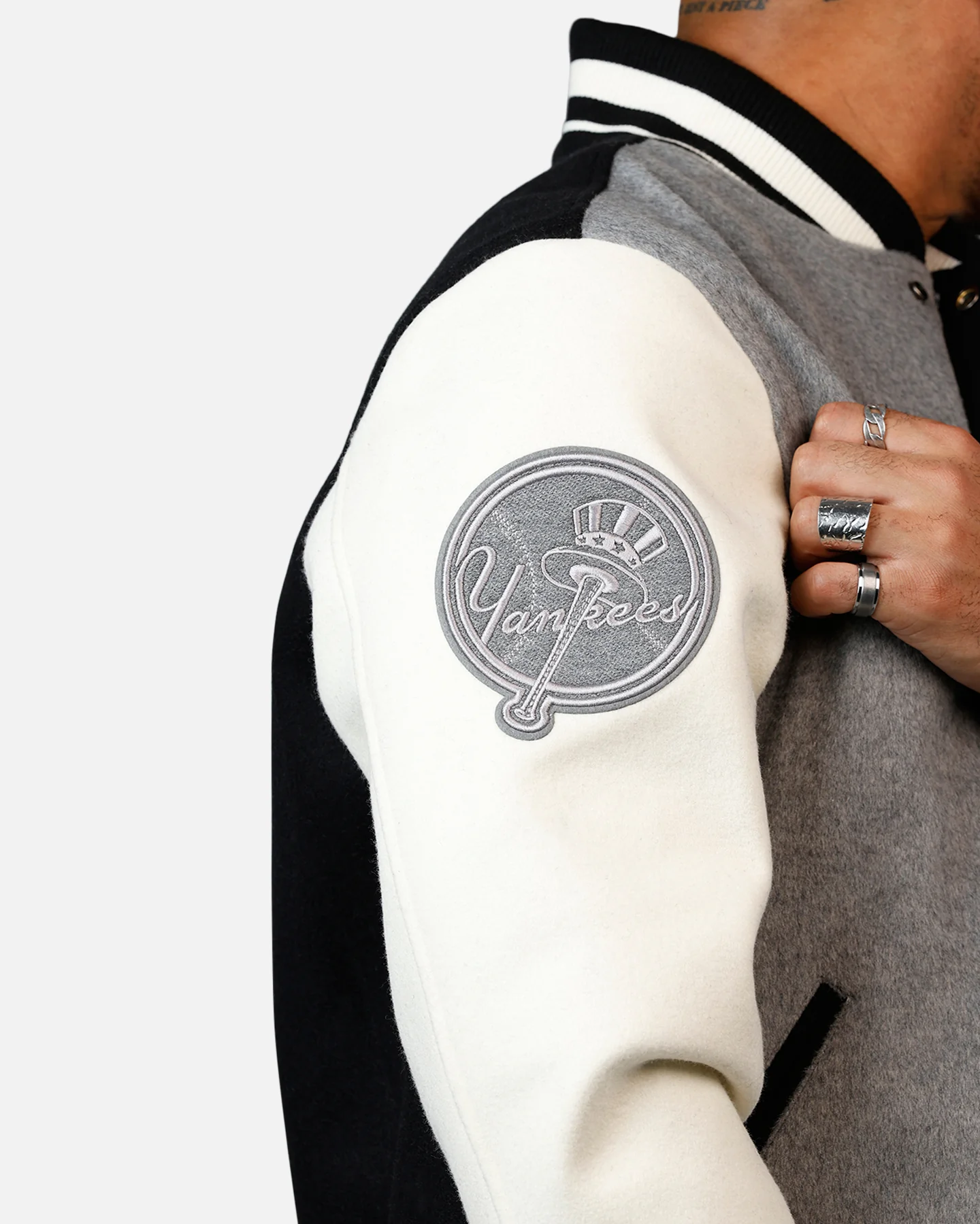 Pro Standard New York Yankees Reverse French Terry Wool Varsity Jacket Black/Grey - Image 8