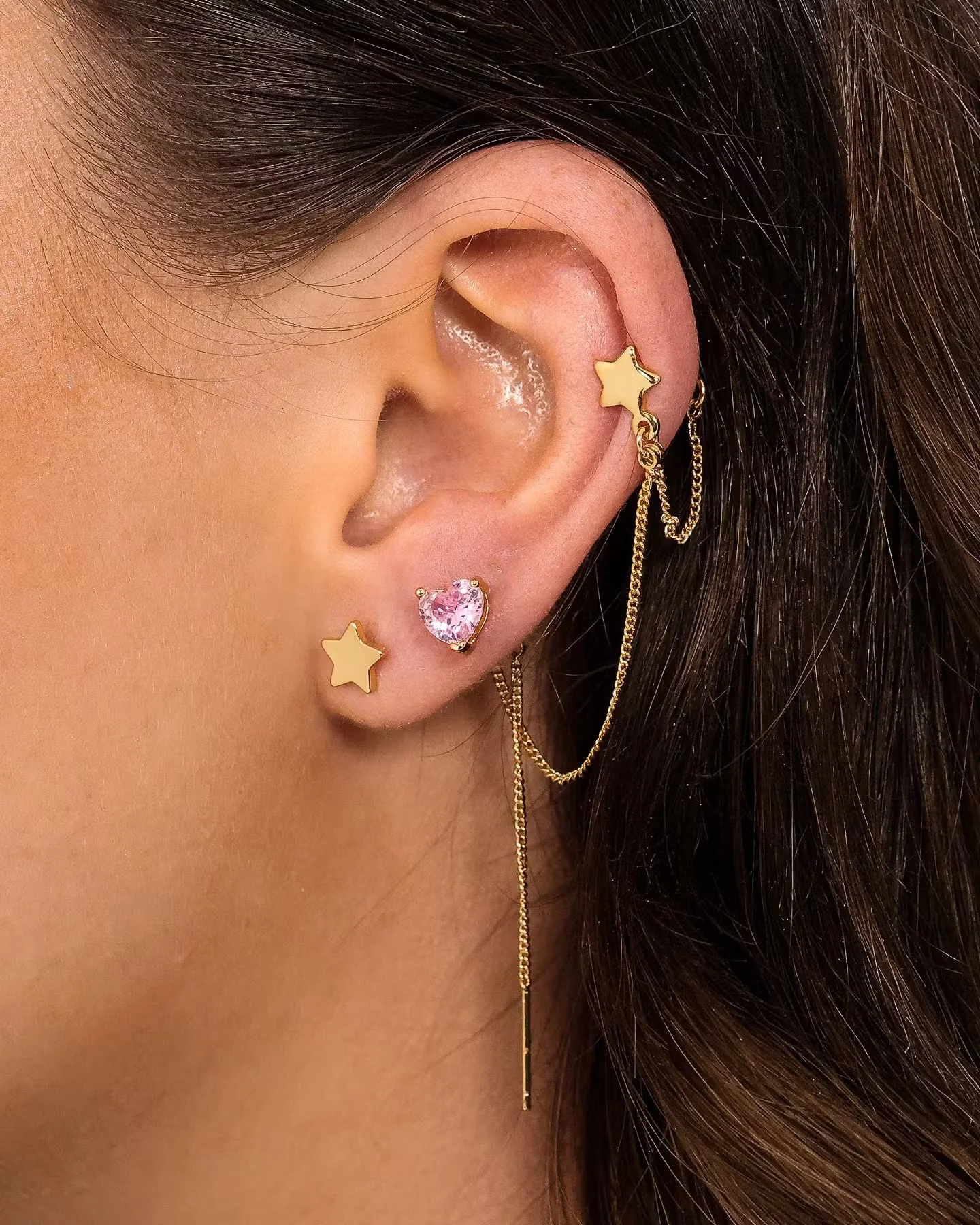 Raising Hell Women's Starry Heart Earrings Chain Gold/Pink - Image 2