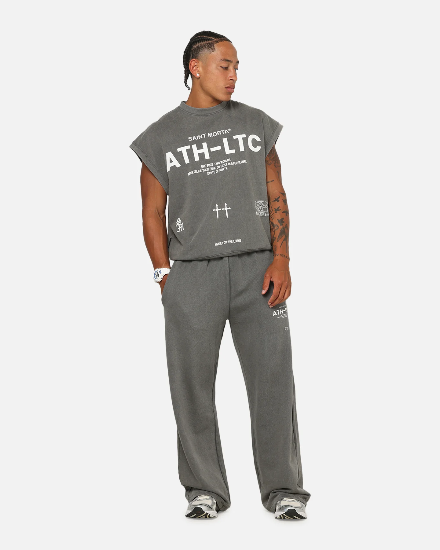 Saint Morta Athletc Cut Off Sweat T-Shirt Washed Charcoal - Image 3