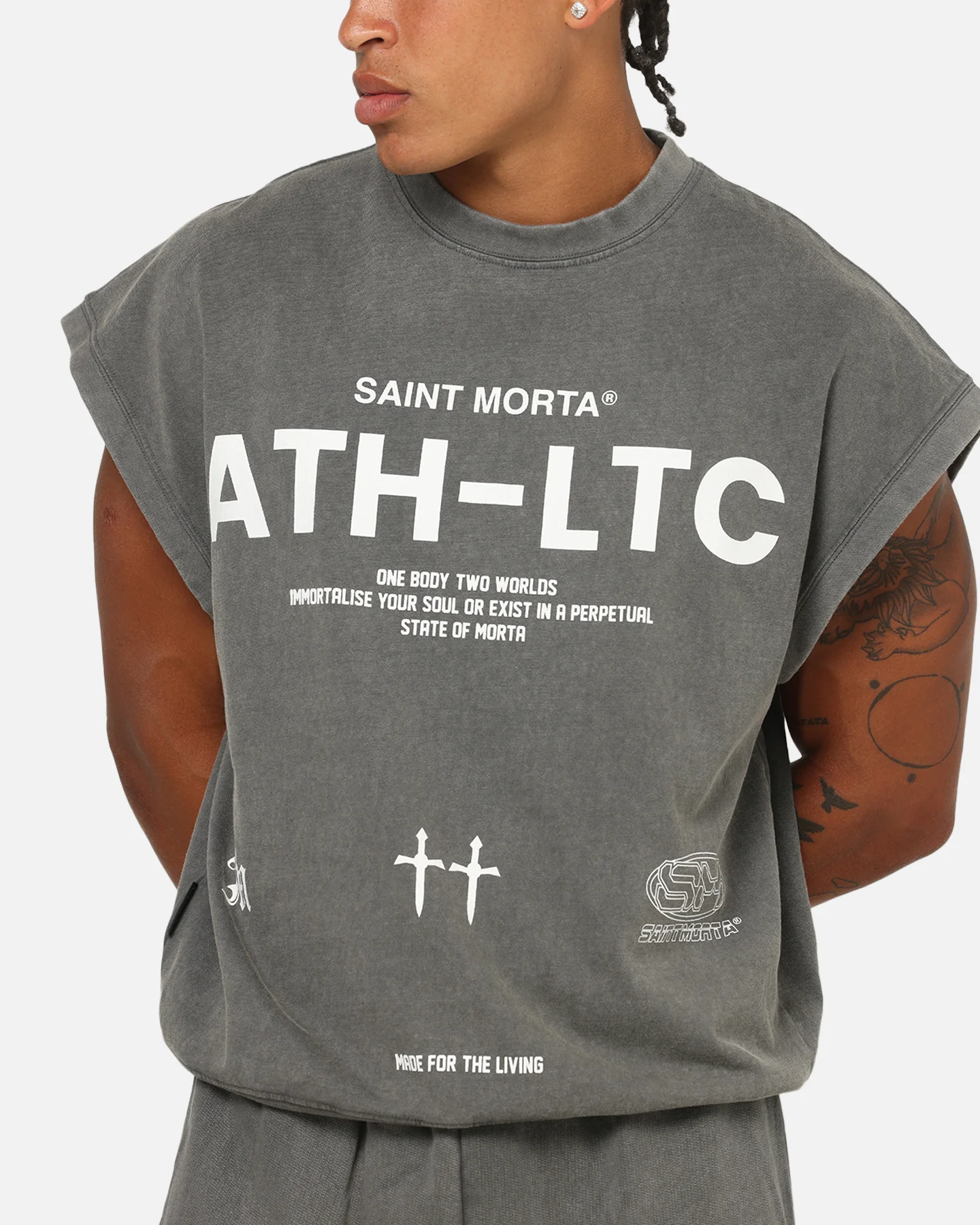 Saint Morta Athletc Cut Off Sweat T-Shirt Washed Charcoal - Image 7
