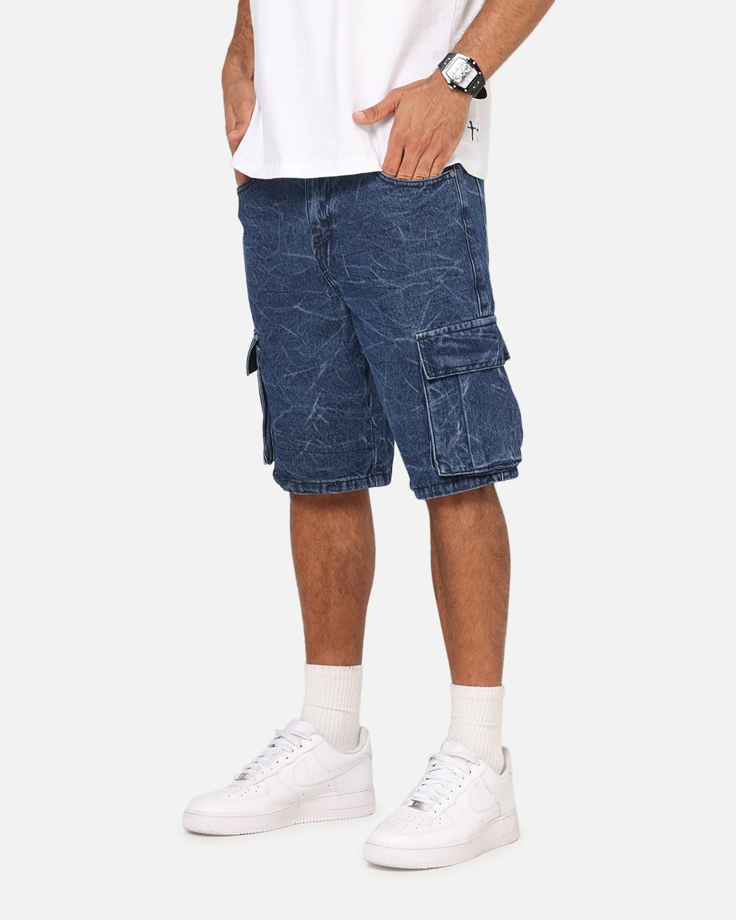 Saint Morta Denim Cargo Shorts Crinkle Stonewash - Image 5