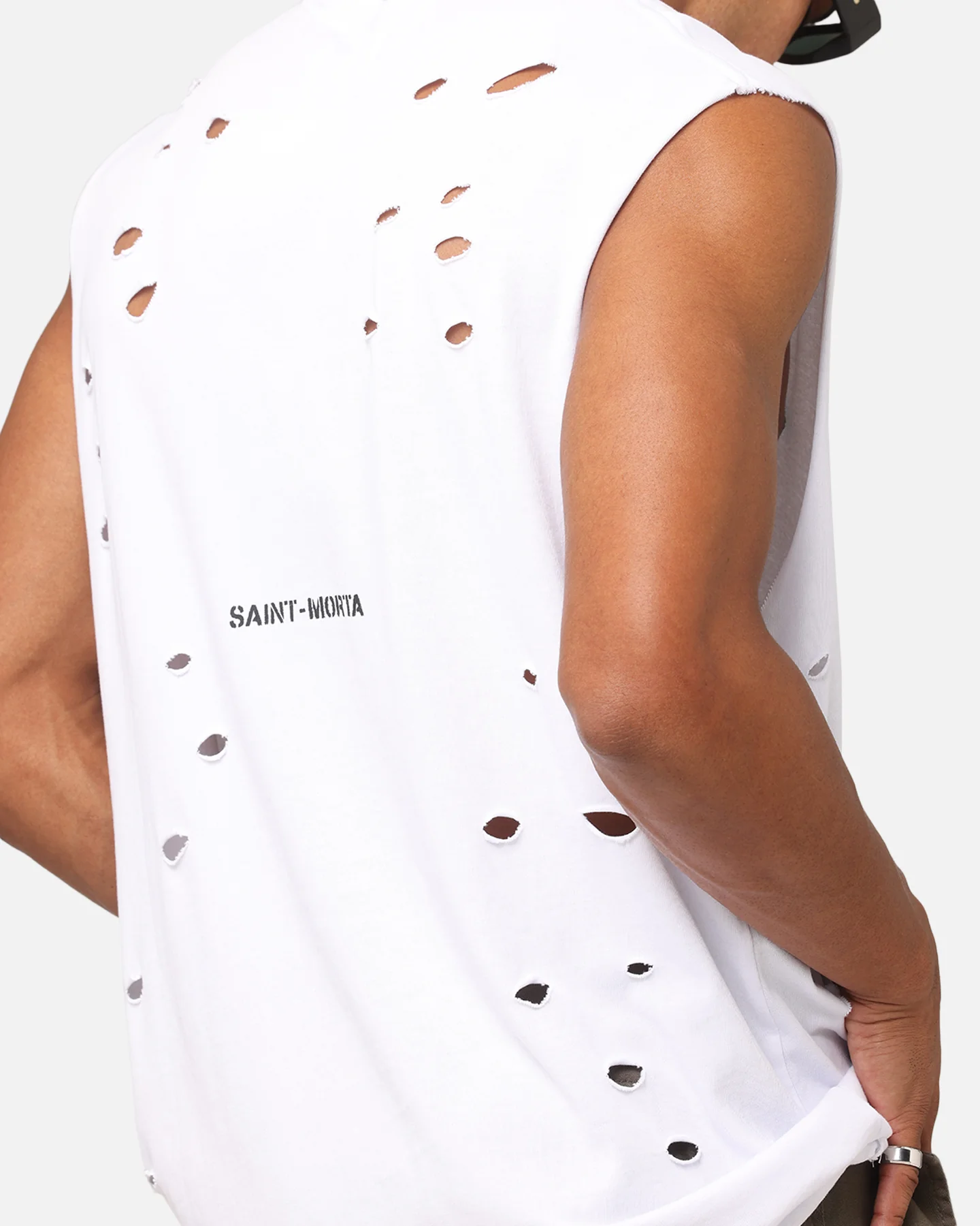 Saint Morta Distressed Oversized Muscle T-Shirt White - Image 7