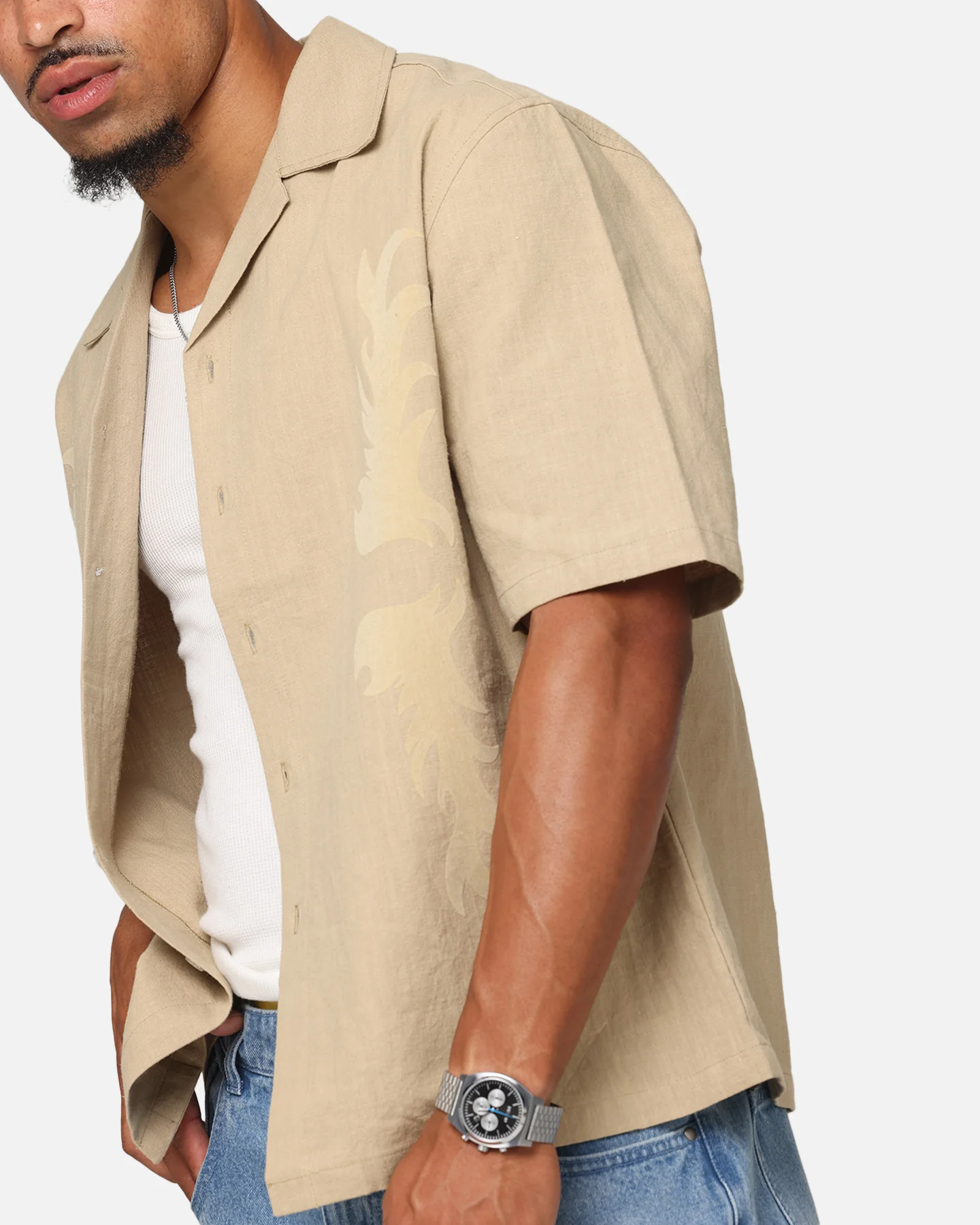 Saint Morta Flocka Button Up Shirt Tan - Image 6