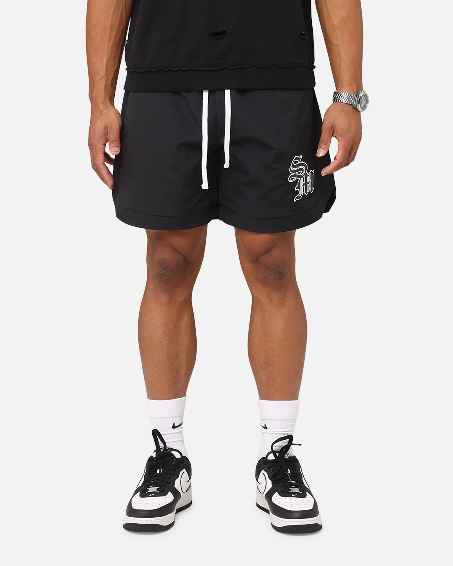 Saint Morta Gothic Monogram Nylon Shorts Black - Image 2
