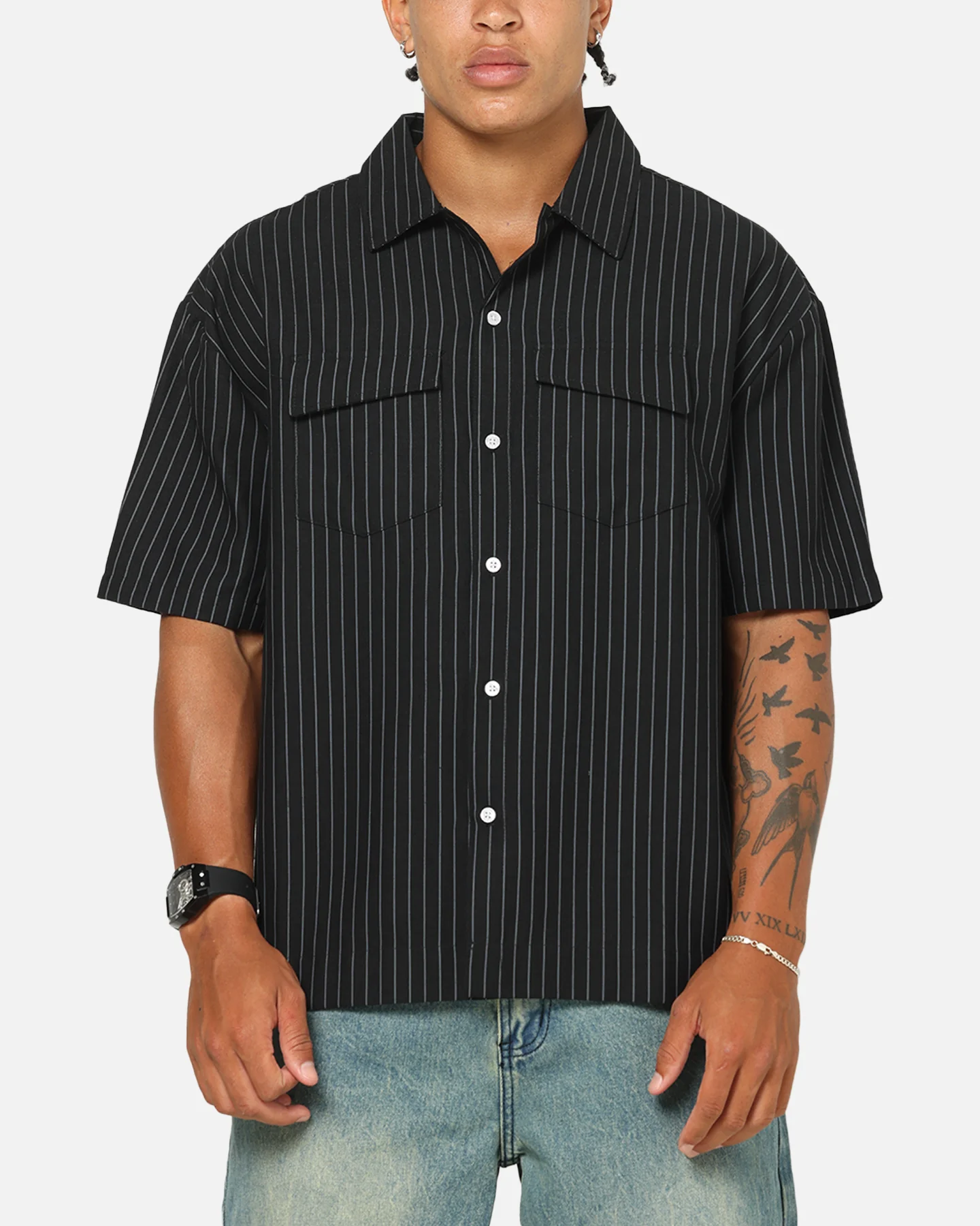 Saint Morta Gothic Pinstripe Button Up Shirt Jet Black - Image 2