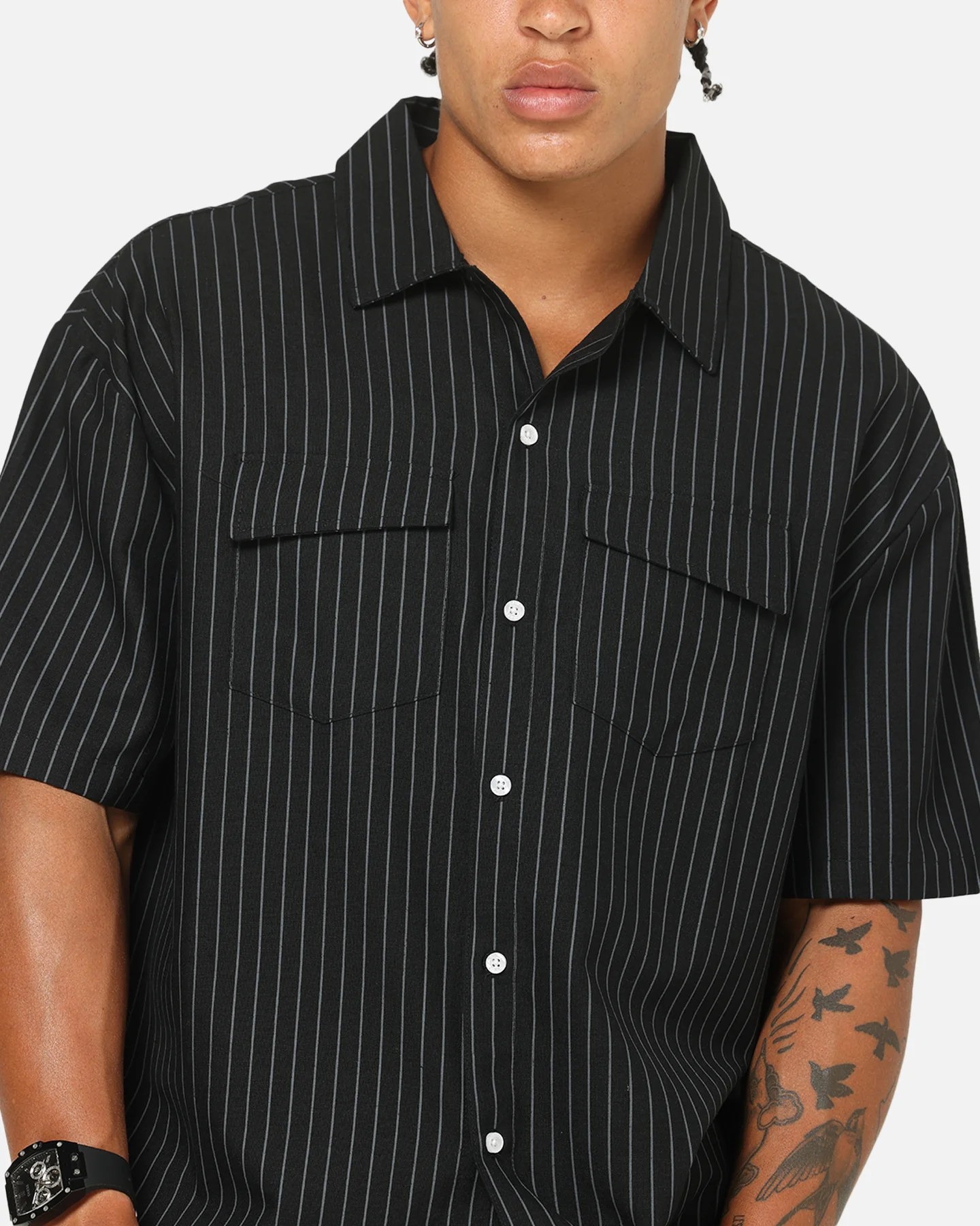 Saint Morta Gothic Pinstripe Button Up Shirt Jet Black - Image 8