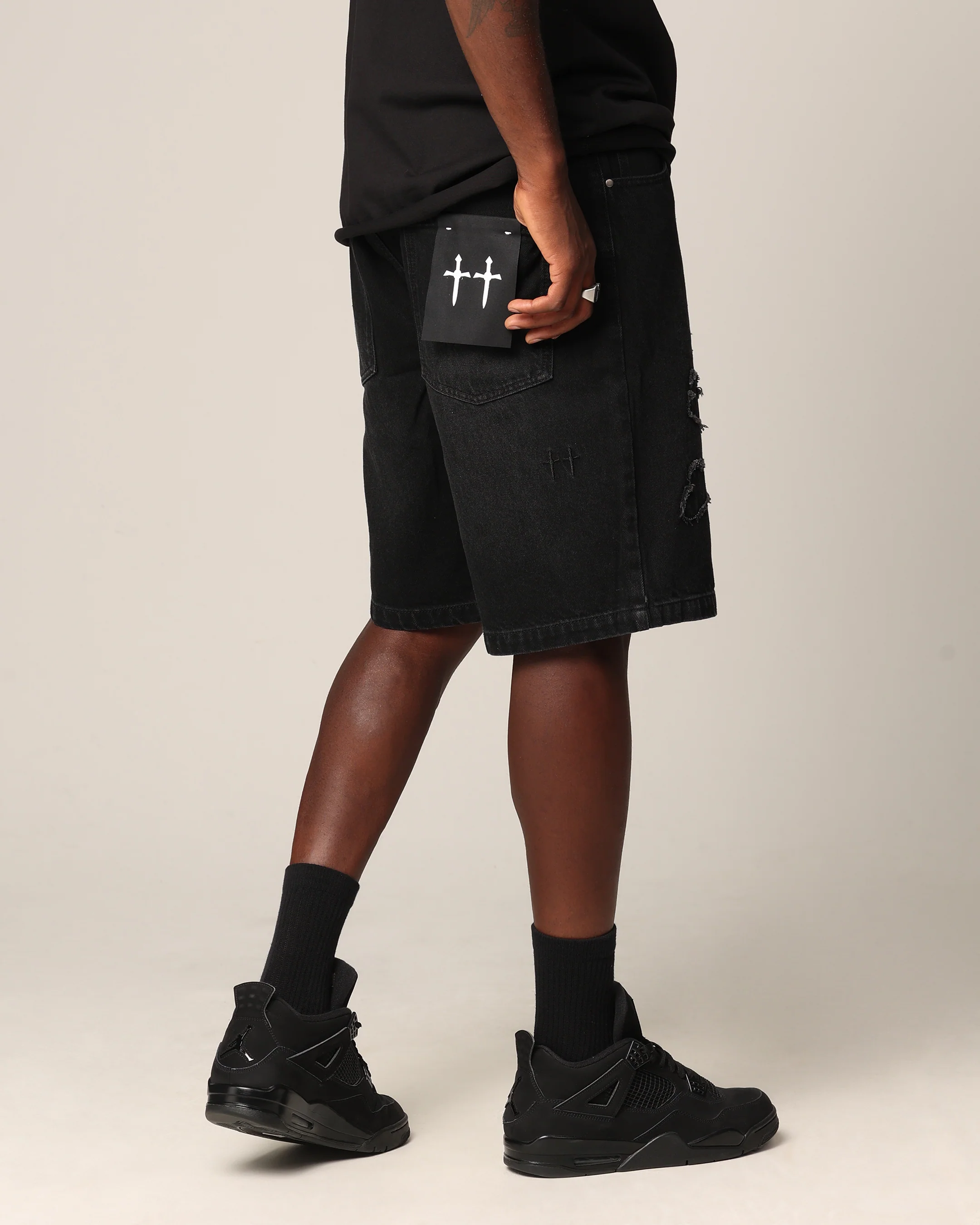 Saint Morta Half Skull Denim Shorts Washed Black - Image 5