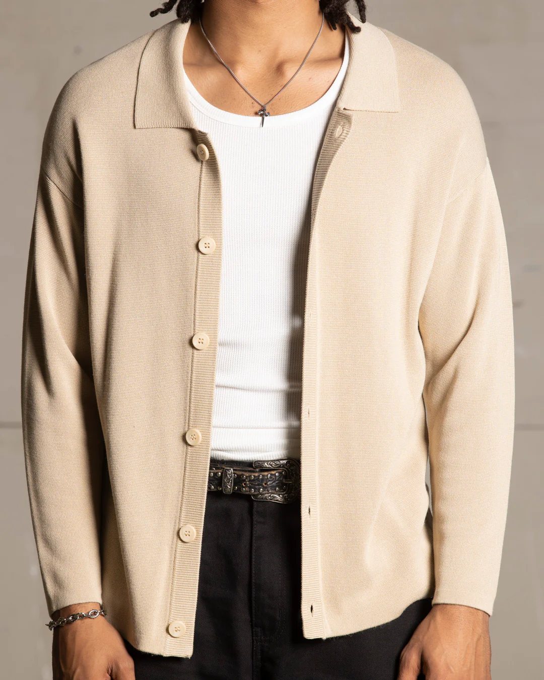 Saint Morta Knitted Long Sleeve Button Up Shirt Tan - Image 3