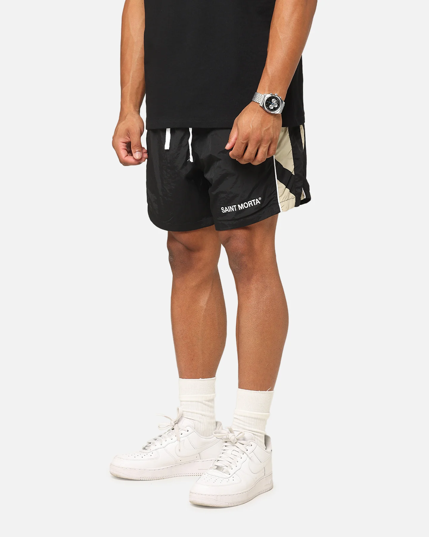 Saint Morta Official Panelled Beach Shorts Black/Stone - Image 6