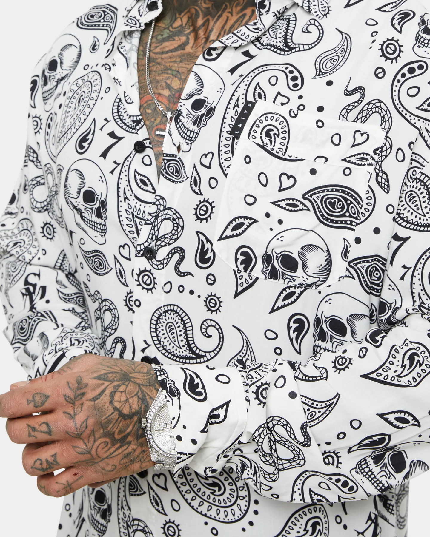 Saint Morta Paisley Skulls Long Sleeve Button Up Shirt White/Black - Image 7