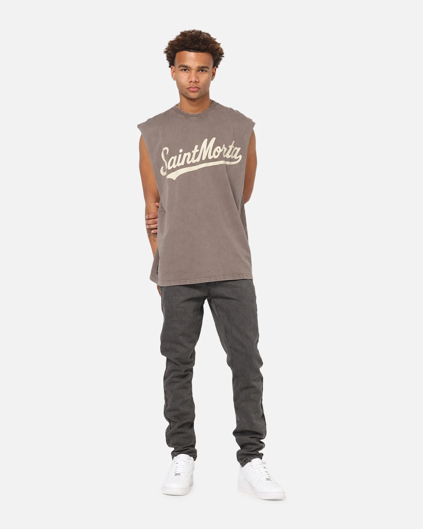 Saint Morta Script Oversized Muscle T-Shirt Washed Brown - Image 2