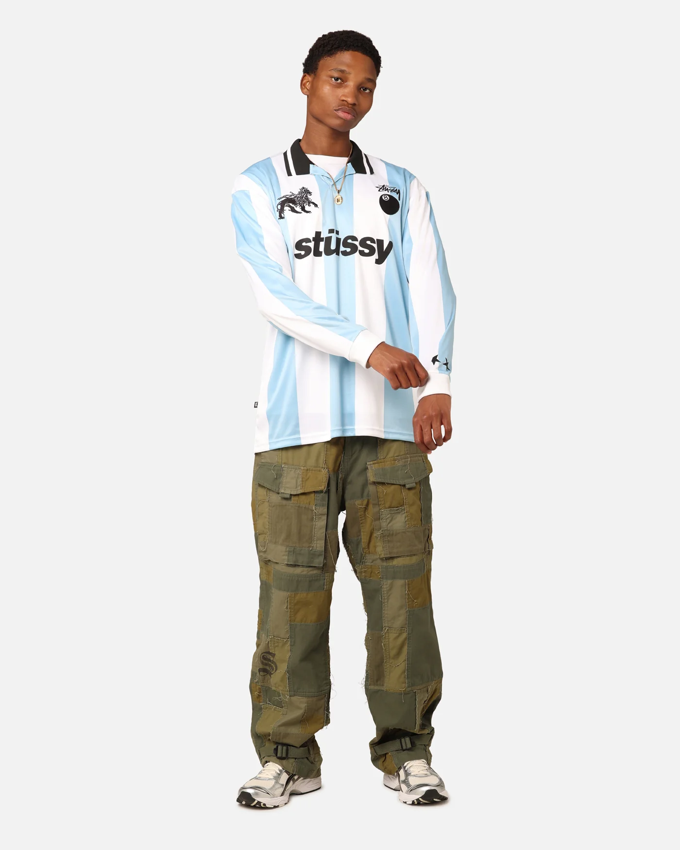 Stüssy Football Polo Long Sleeve T-Shirt Blue/White - Image 3