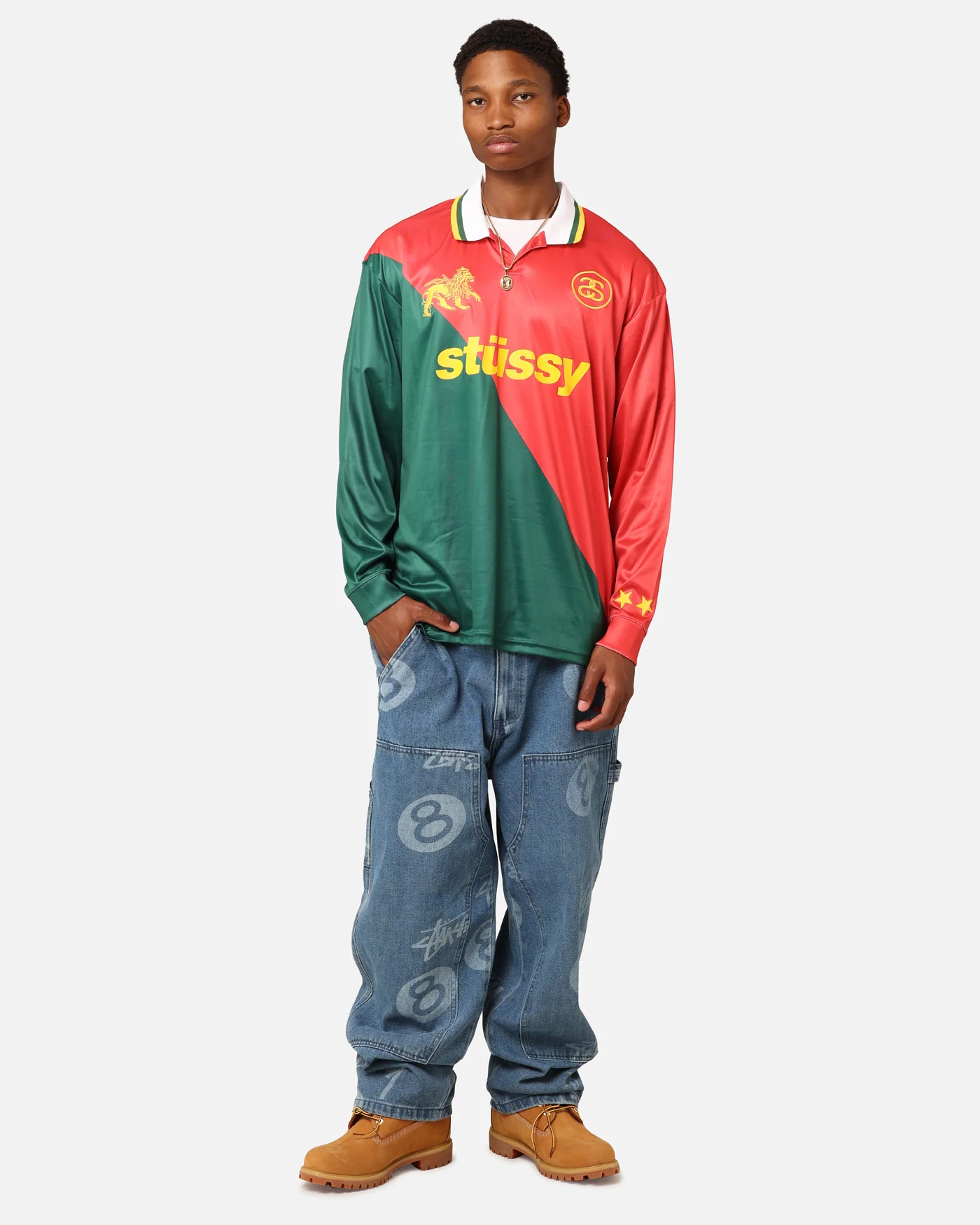 Stüssy Football Polo Long Sleeve T-Shirt Red/Green - Image 3