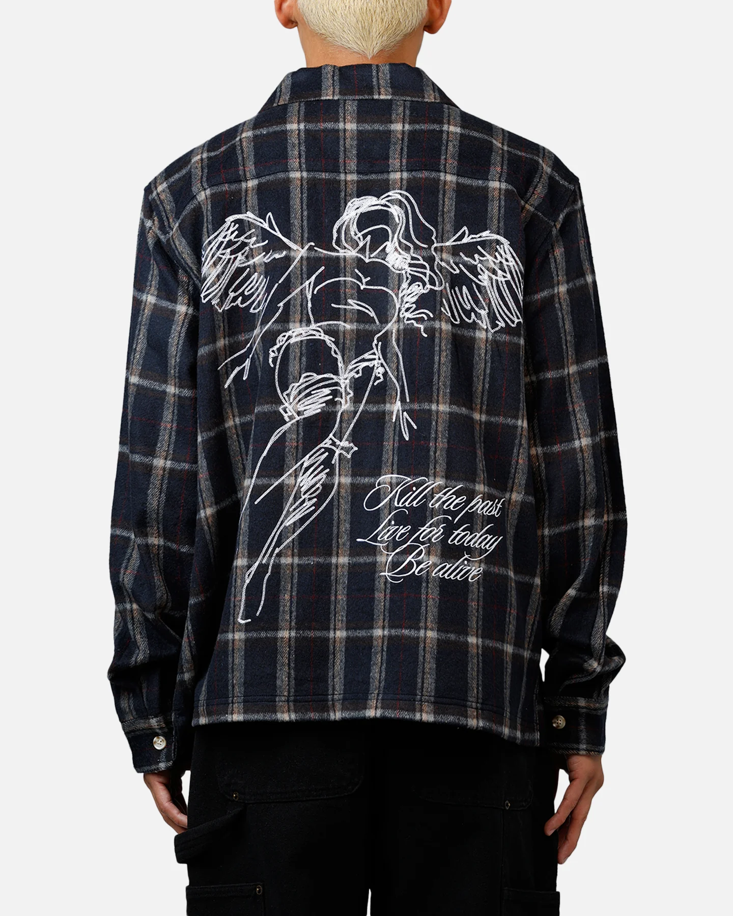 Sworn To Us Lotus Angel Flannel Button Up Shirt Navy - Image 2