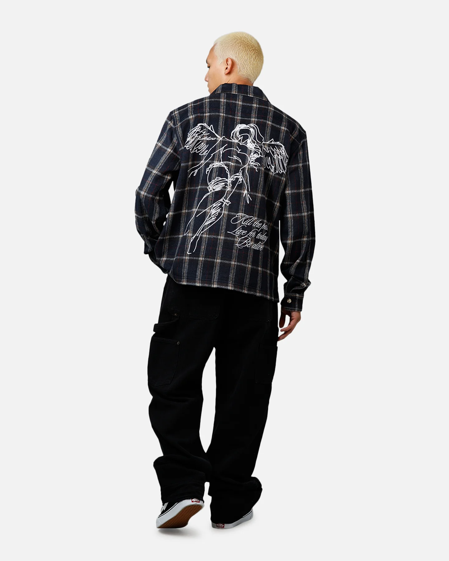 Sworn To Us Lotus Angel Flannel Button Up Shirt Navy - Image 6