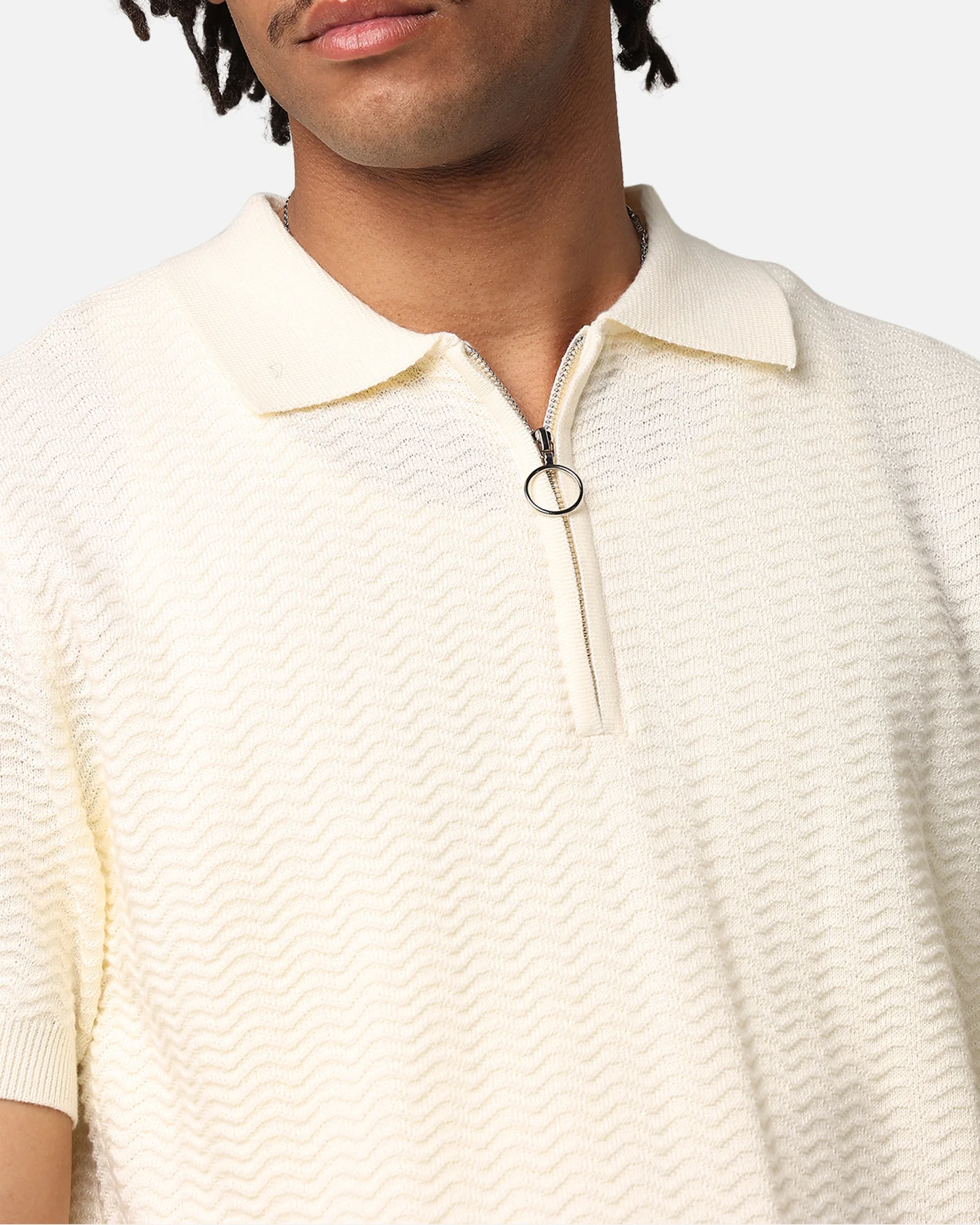 XXIII Herringbone Quater Zip Polo Shirt Cream - Image 7