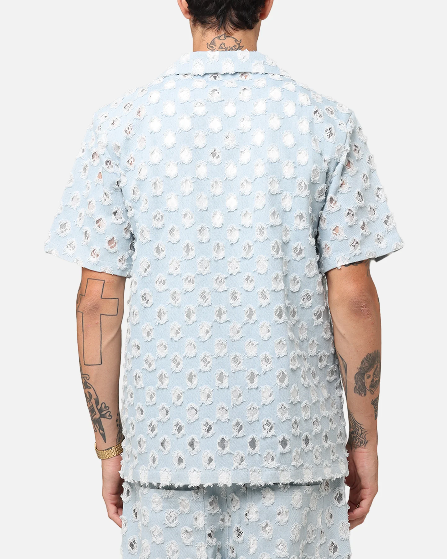 XXIII Lace Textured Denin Button Up Shirt Light Blue - Image 3