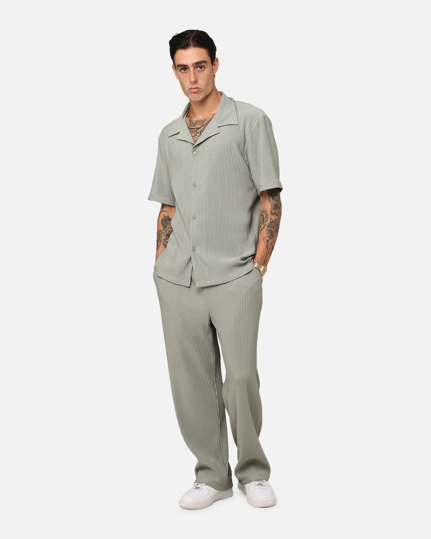 XXIII Pleated Button Up Shirt Olive - Image 2