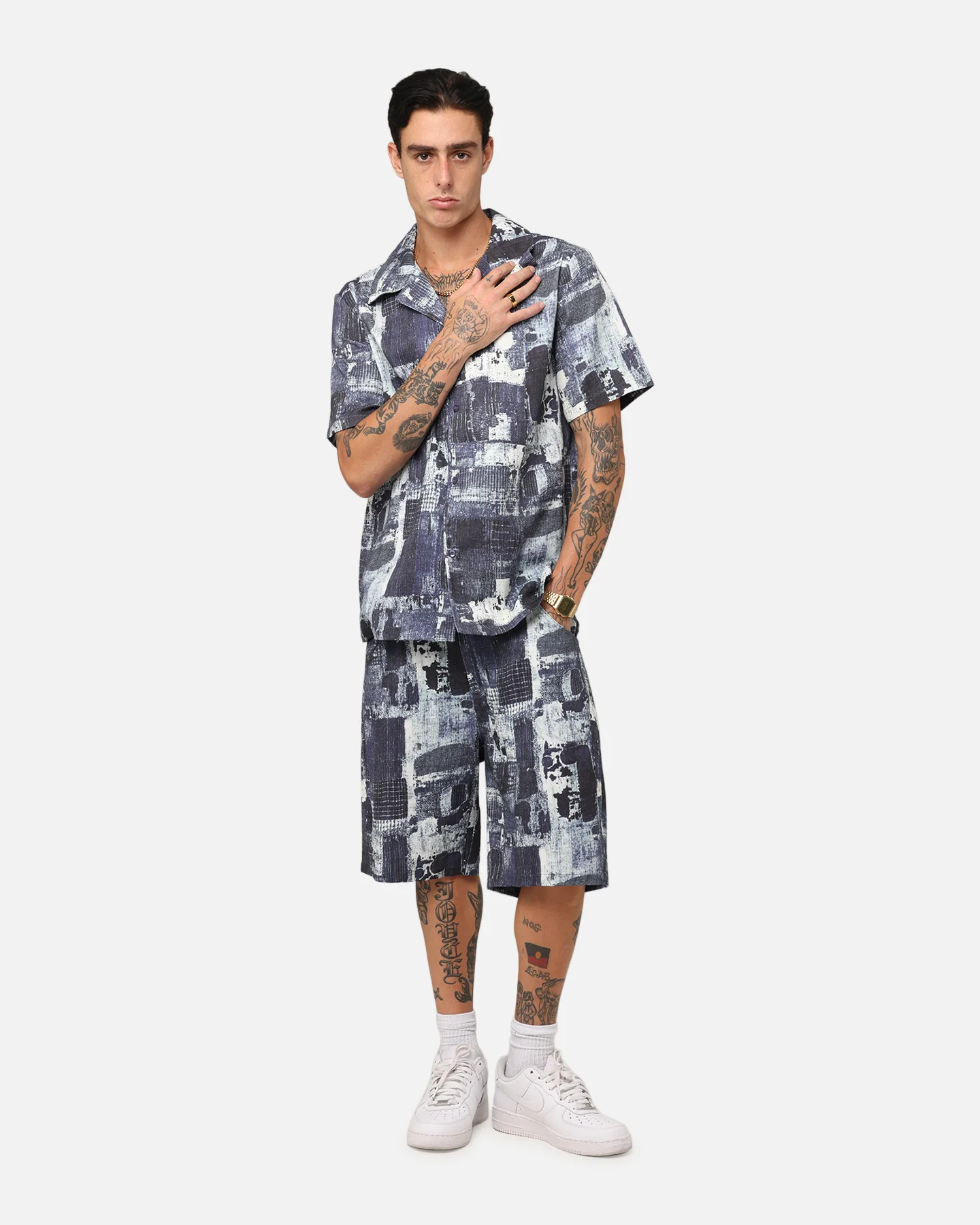XXIII Printed Denim Patch Button Up Shirt Blue - Image 2