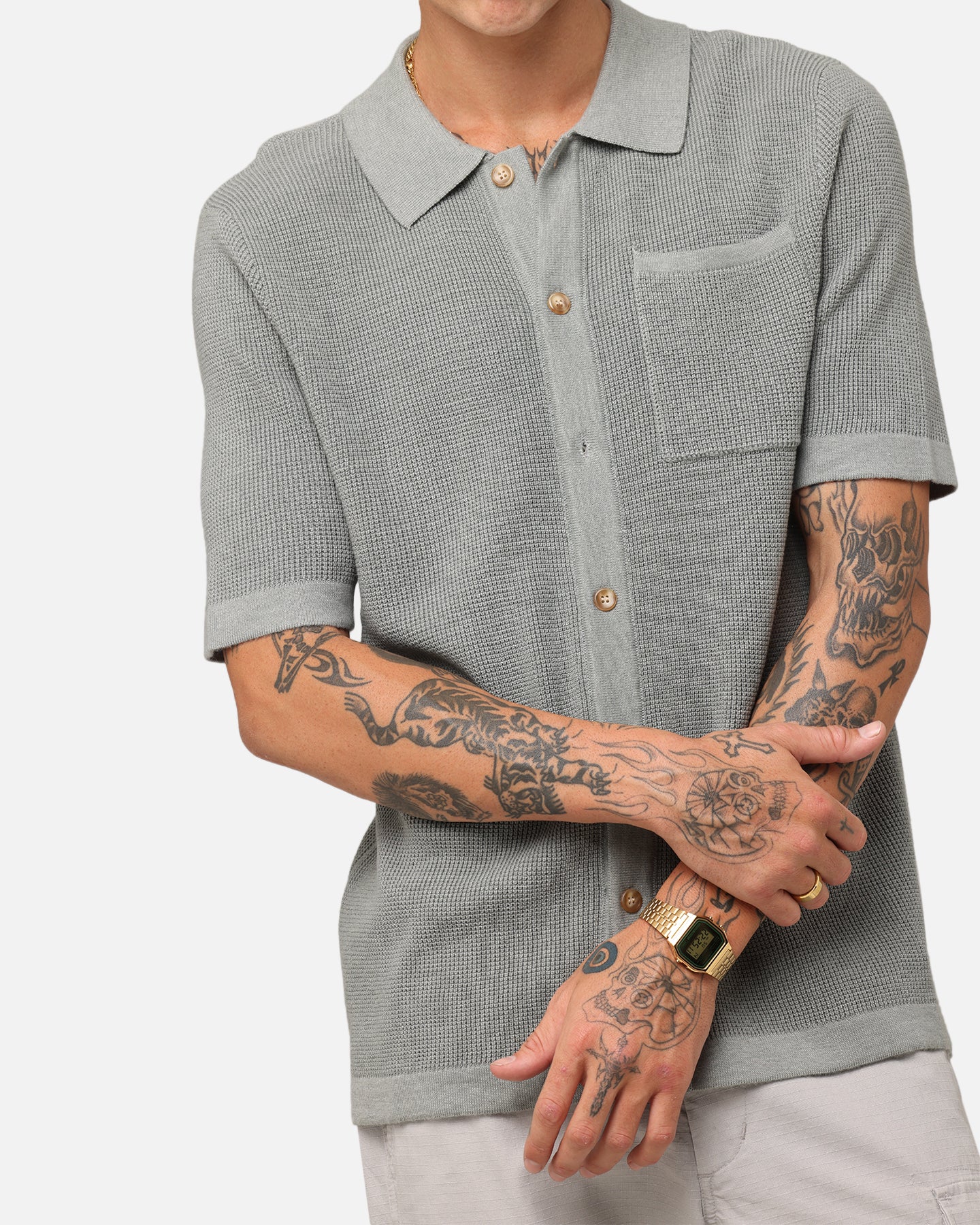 XXIII Zyair Knit Rib Button Up Shirt Olive - Image 6